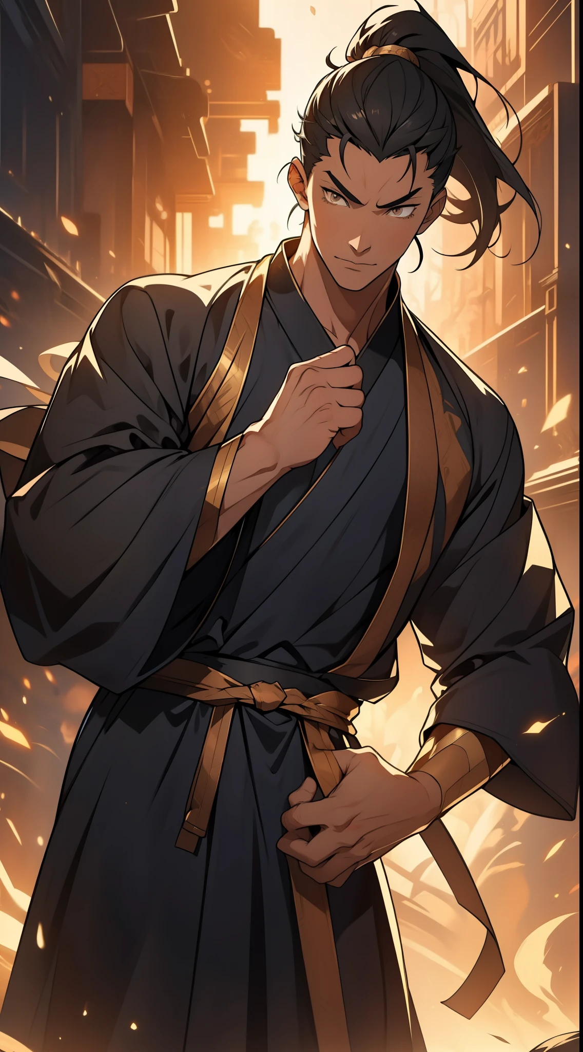Two dimensions，anime style，one person（male），The proportions are correct，facial details，high ponytail hairstyle，neck detail，There is an Adam's apple，Black costume Hanfu，serious，black toga，clothing details，Handing over，long sleeves，Game quality，Ray tracing，Ray tracing，Detailed glow，hair details，long black hair，golden eyes，Handsome，Handsome，Handsome，Costumes are complicated，Perfect composition，refine，high quality，higher details，many details，Complex background，a sense of atmosphere，