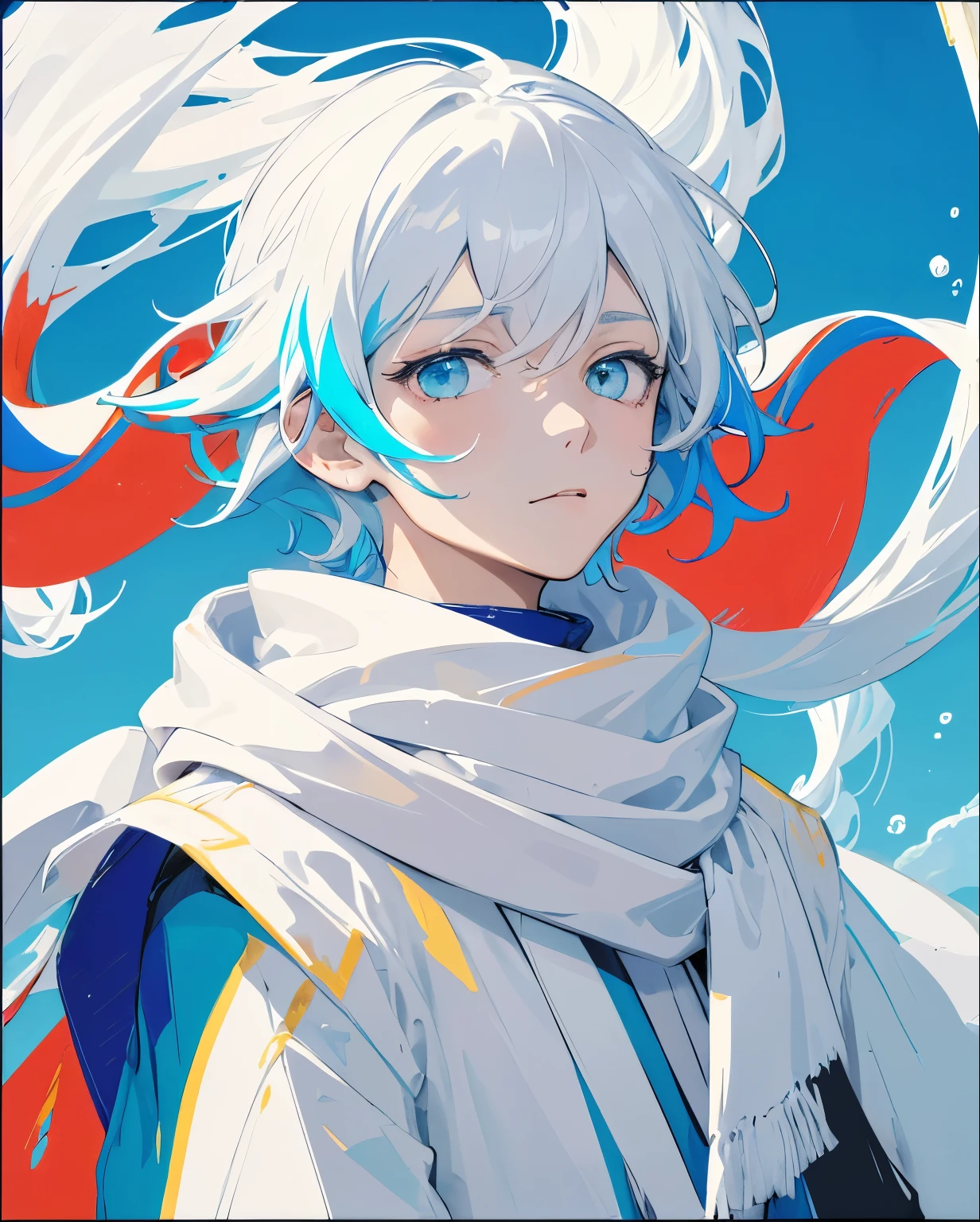 masterpiece, best quality,1 boy,looking at the audience,alone,white hair,floating rich and colorful water,(two-dimensional:1.2),(flat color:1.2),(rich and colorful:1.4), (close up:1.4),  with white scarf