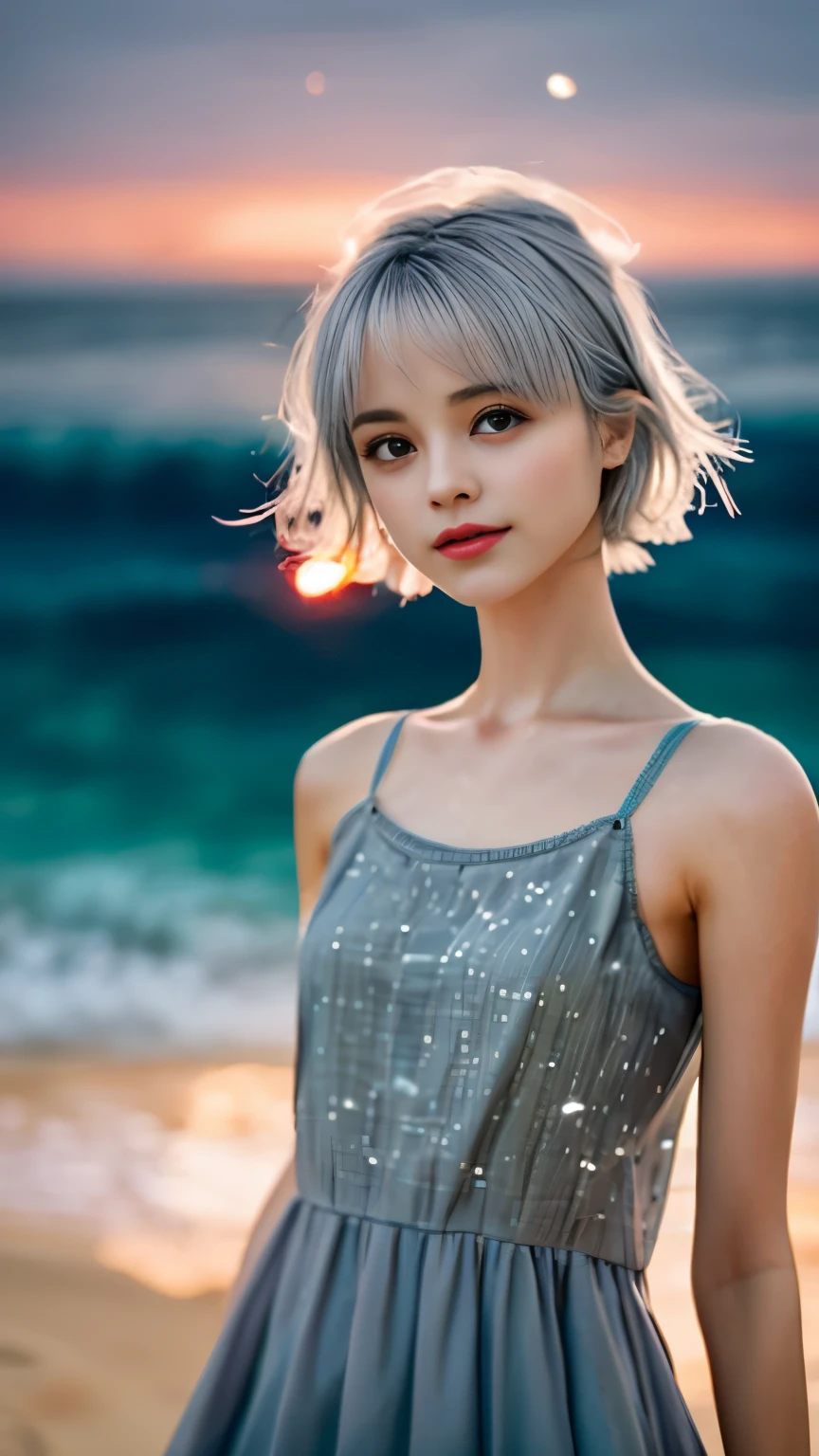 one girl、small face、cute face、ash gray hair:1.5、bobbed hair、short hair、Camera gaze、small breasts、An ennui look、(((camisole、dress)))、particles of light、Sunset Sea、calm sea、white sand beach、Very beautiful sunset、RAW photo、highest quality、High resolution、high resolution、master piece:1.3、8k、12k、professional photographer、