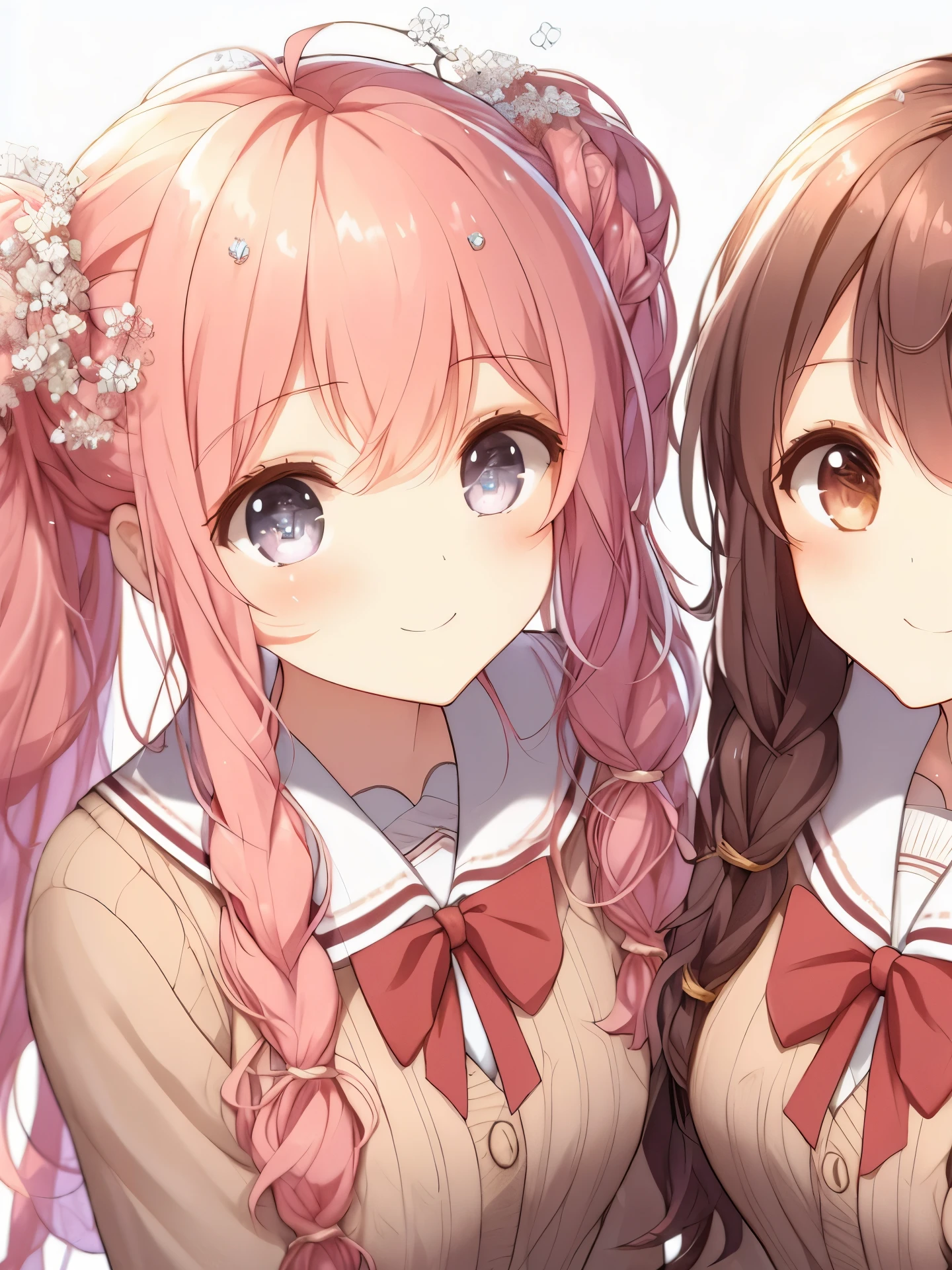 Anime style image of two girls with long and pink hair, Double tail, anime girl, two beautiful anime girl, cute anime girl portraits, Holographic live broadcast, kawaii realistic portrait, guys, cute anime style, Anime cute art style, Heartbeat Literature Club, cute anime, guweiz, 粉色Double tail头发和青色眼睛