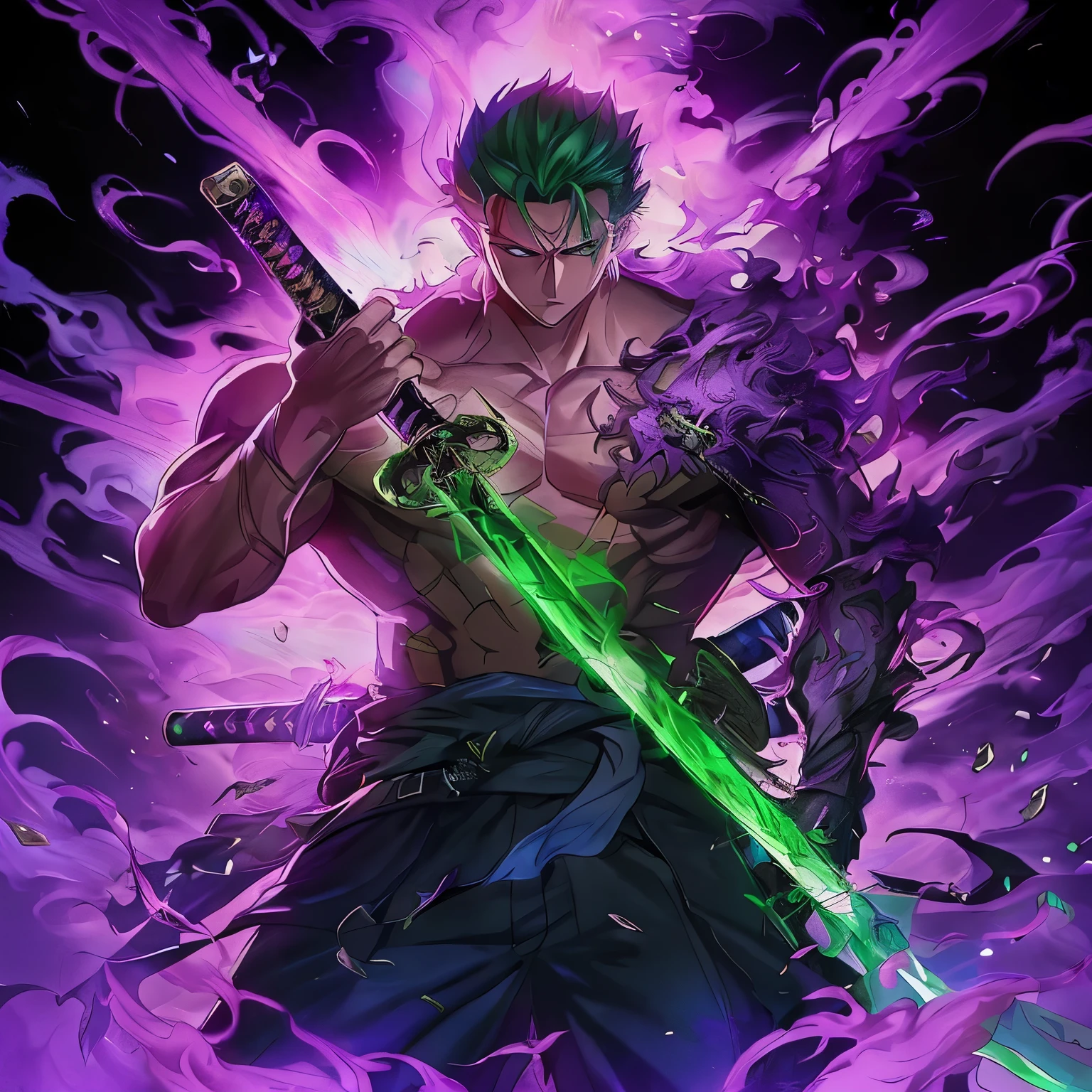 anime guy with green hair holding a sword in front of a purple background, roronoa zoro, badass anime 8 k, glowing green soul blade, extremely detailed artgerm, legendary god holding spear, handsome guy in demon slayer art, anime epic artwork, with large sword, iconic character splash art, anime wallpaper 4 k, anime wallpaper 4k