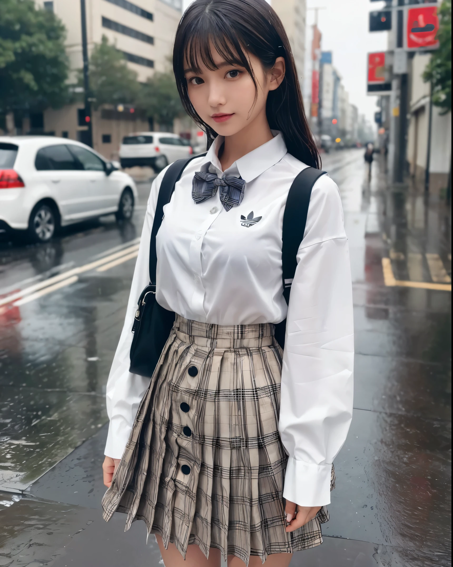 (table top:1.3), (8K, realistic, RAW photo, highest quality: 1.4), Japanese, (1 girl), beautiful face, (realistic face), (black hair), beautiful hairstyle, realistic eyes, beautiful and fine eyes, (realistic skin), beautiful skin, Charm, Super high resolution, surreal, very detailed, golden ratio、(Fair skin:1.2), shining eyes, (faint lips:1.2), (refreshing breeze:1.3), (Medium Messy Hair, bangs:1.3), (brown eyes), (thin), (flat chest:1.4), (Face and leg shots:1.3), (Are standing, Side view), (smile:1.2), (White Long Sleeve Button-Down Shirt, Black School Ankle Socks, adidas_sneakers, Plaid pleated midi skirt, School Bow Ties:1.3), (rucksack:1.2),(japanese girl:1.2), (Idol:1.3)、(No bra)(small and beautiful、hard(thin, moist buttons up to shirt length:1.1)、(Uniform wet in the rain)、street、wet body:1.1、