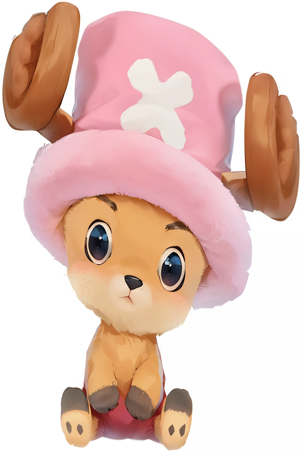 a close-up of a stuffed animal wearing a pink fury hat. with reindeer horns. 2 big cute eyes. cute blue nose. furry brown skin. maroon pants. grey hoofs instead of hands and feet