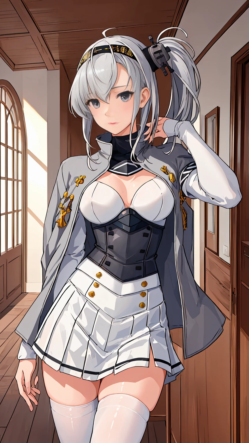 (masterpiece), (best quality), (ultra-detailed), photorealistic, (best illustration), (an extremely delicate and beautiful), 1girl, solo,(KanColle Suzutsuki) somewhat narrow eyes  ponytail  silver hair Very Fine Eyes Very Fine Face、Insanely detailed body、Extremely fine skin, very elaborate hair ornament, Precisely shaped body and hands White clothes Black corset Gray jacket White tights White innerwear white skirt (Littleskinexposure)  A hallway in a house