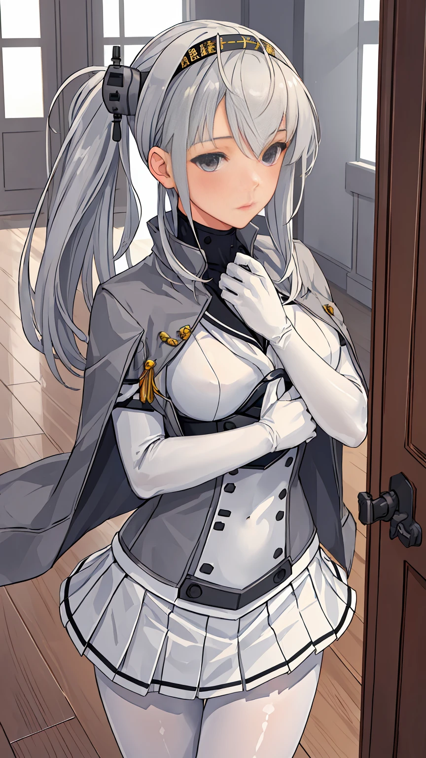 (masterpiece), (best quality), (ultra-detailed), photorealistic, (best illustration), (an extremely delicate and beautiful), 1girl, solo,(KanColle Suzutsuki) somewhat narrow eyes  ponytail  silver hair Very Fine Eyes Very Fine Face、Insanely detailed body、Extremely fine skin, very elaborate hair ornament, Precisely shaped body and hands White clothes Black corset Gray jacket White tights White innerwear white skirt (Littleskinexposure)  A hallway in a house