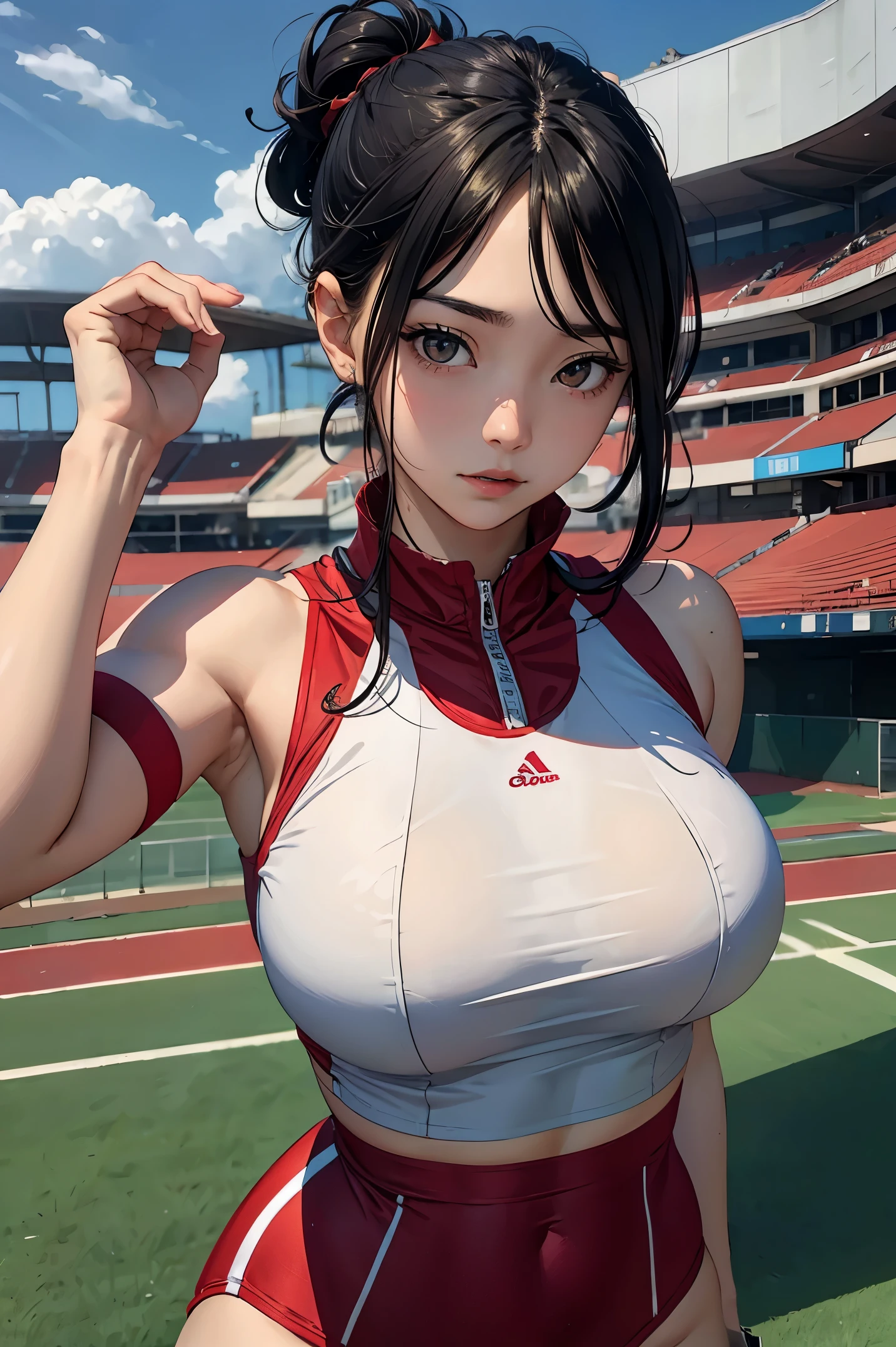 (masterpiece:1.4)、(highest quality:1.4)、ultra high resolution、beautiful features、20 year old woman、Black hair bun hair、brown eyes、athletics uniforms、(huge breasts:1.2)、red face、serious expression、arena、ground、Large audience、stand、arms behind body、looking away