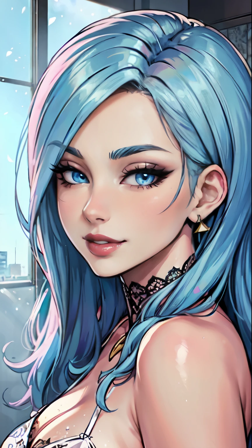 Masterpiece, raw,  beautiful art, professional artist, 8k, art style by sciamano240, very detailed face, very detailed hair, 1girl, perfectly drawn body, beautiful face, long hair, light blue hair , very detailed blue eyes, pouty lips , rosey cheeks, intricate details in eyes, seductive smile, looking directly at viewer , taking a shower, sultry expression, wedding ring , lipstick, modern hotel setting, very close up on face, 