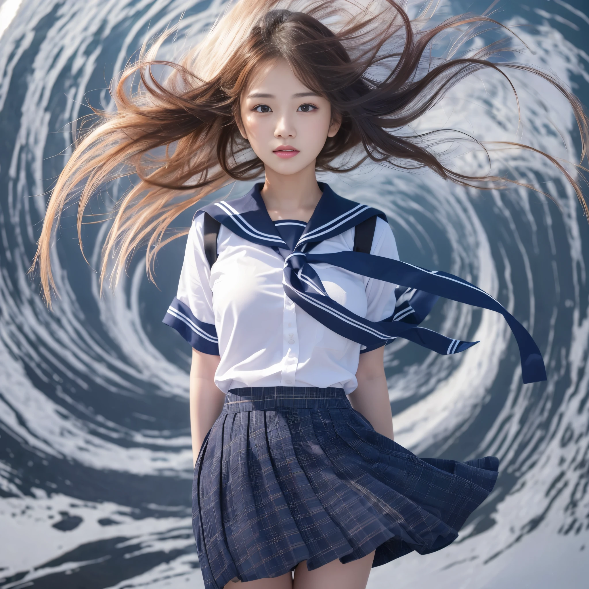 (RAW photo:1.2), (realistic), beautiful detailed girl, very detailed eyes and face, beautiful and fine eyes, huge file size, High resolution, very detailed, highest quality, [table top:1.6], figure, very detailed, small details, highest quality, 8k wallpaper, movie lighting,-yeld fee student, A strong wind blows from below, Lift up your skirt and expose your panties., stage, surprised expression, shirt, white panties, on the road, The skirt of the uniform was lifted up., Typhoon Day, Skirt flying in the wind, school uniform,  long hair fluttering in the wind, Because I&#39;m slender, young face, small chest