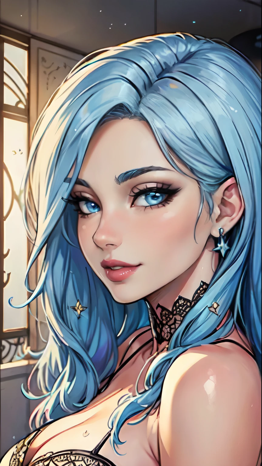 Masterpiece, raw,  beautiful art, professional artist, 8k, art style by sciamano240, very detailed face, very detailed hair, 1 woman, perfectly drawn body, beautiful face, long hair, light blue hair , very detailed blue eyes , rosey cheeks, intricate details in eyes, playful smile, looking directly at viewer , lusty expression, lipstick, nude very close up on face, 