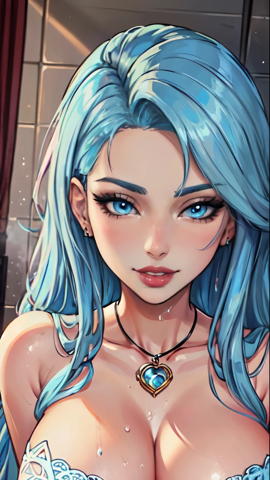 Nsfw,Masterpiece, raw,  beautiful art, professional artist, 8k, art style by sciamano240, very detailed face, very detailed hair, 1 woman, perfectly drawn body, beautiful face, long hair, light blue hair , very detailed blue eyes , rosey cheeks, intricate details in eyes, sultry smile, looking directly at viewer , lusty expression, lipstick, nude,  very close up on face, 