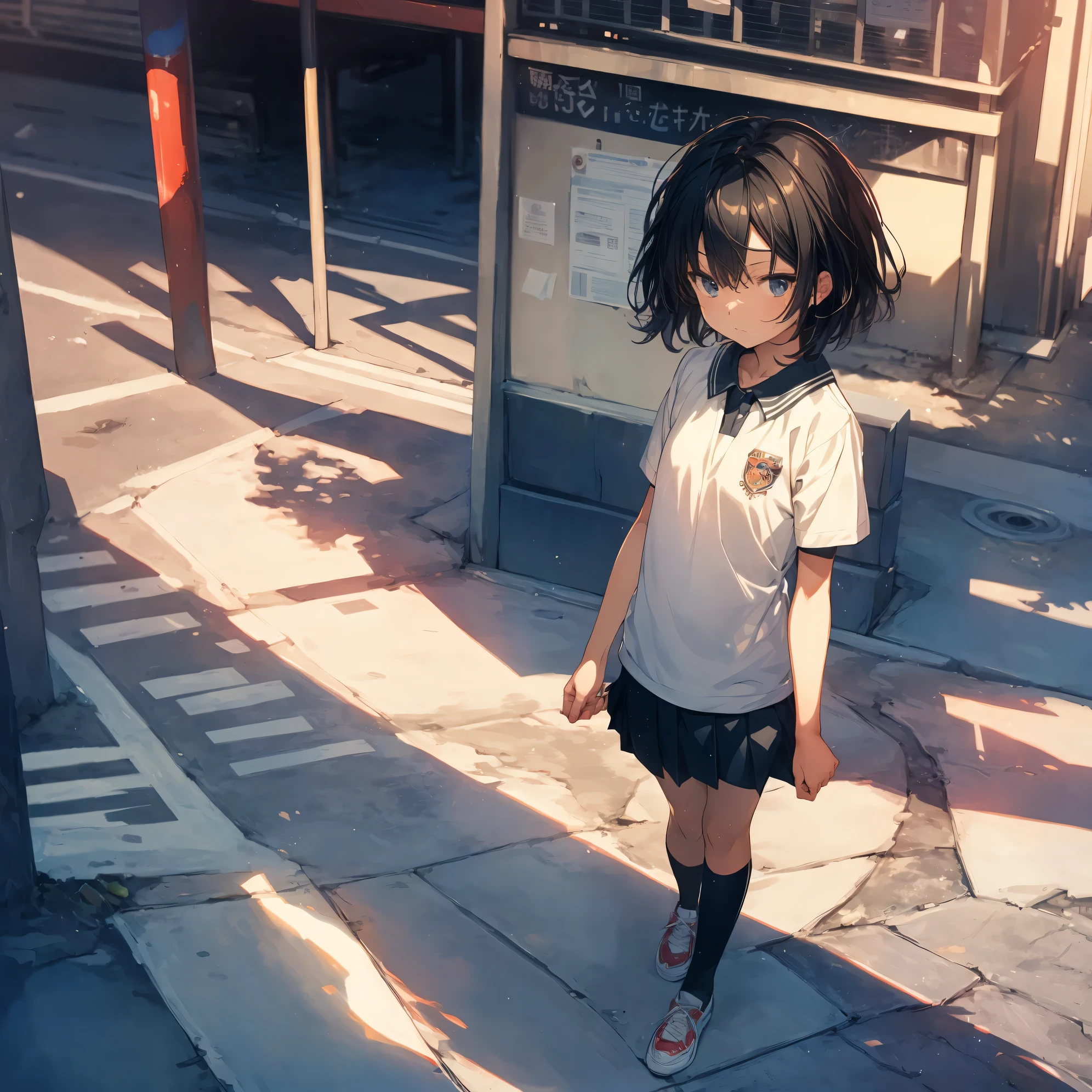 Super high quality by the art god, super detailed, High resolution, Makoto Shinkai Style, anime moe art style, best anime 8K konachan wallpaper, pixiv contest winner, perfect anatomy, break,(眠そうにalone学校へ行く女の子を描いてください. ),break, surreal high school girl, (alone,change, child,13 years old:1.3),All limbs, full finger,Middle school students, androgynous charm, ((very short hair)), messy hair, flat chest, small ass, between legs, Small black eyes,beautiful and fine eyes, Well-proportioned iris and pupils, disgusted eyes, High resolutionの詳細な髪, school uniform, (skirt), On the way to school. break,super dense skin, Best lighting by famous artists, 8K, figure,