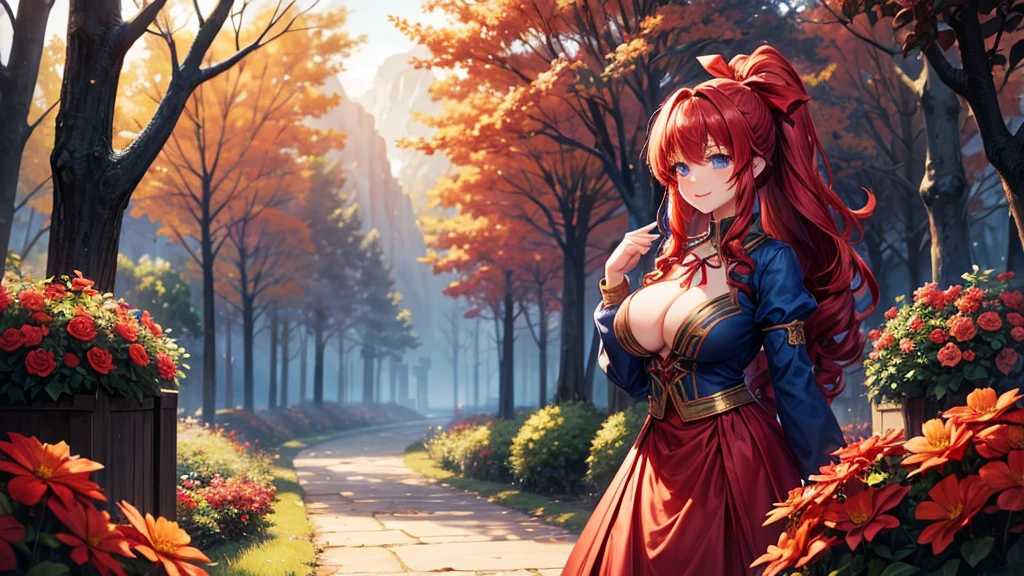 1girl, full body, solo, village, trees, flowers, fantasy world, mage, red hair, long hair, curly hair, ponytail, blue eyes, large breasts, red dress, clevage 1:2, smile, looking at the viewer, ((standng)), hair ribbon, golden necklate