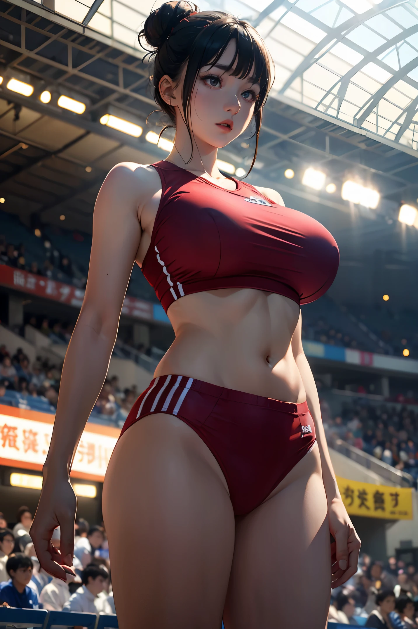 (masterpiece:1.4)、(highest quality:1.4)、ultra high resolution、beautiful features、20 year old woman、Black hair bun hair、brown eyes、athletics uniforms、(huge breasts:1.2)、red face、serious expression、arena、ground、Large audience、stand、arms behind body、looking away