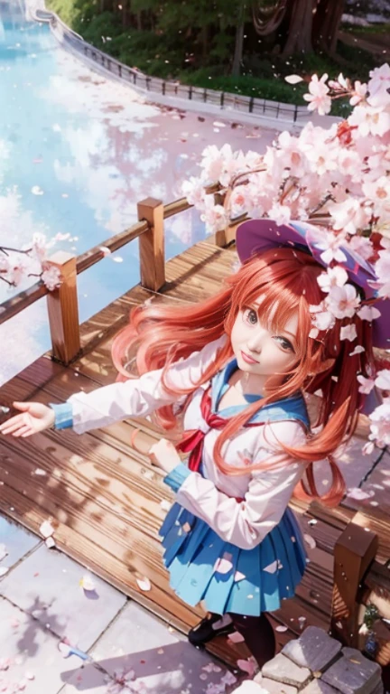 anime girl with long red hair and blue skirt standing on a bridge, Sakura petals surround her, cute anime girl, beautiful anime girl, young anime girl, anime girl, pretty anime girl, cute anime, anime pictures, anime wallpaper, Beuatiful anime, anime girl desktop background, sakura kinomoto, anime wallpaper, (anime girl), Beuatiful anime style, anime ladder