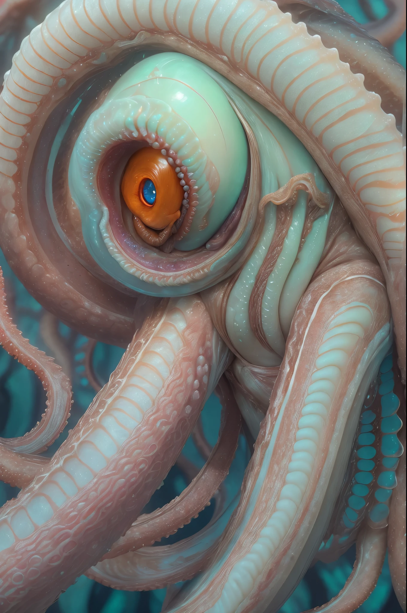 there is a jelly like object with a gold eye on it, a surrealist sculpture inspired by Guillermo del Toro, trending on cgsociety, surrealism, cyberpunk jellyfish, pov camera looking into the maw, lovecraftian sea creature, portrait of a mystical giant eye, giant eyeball, eyeball, big eye, eyes growing on creature, jellyfish phoenix head