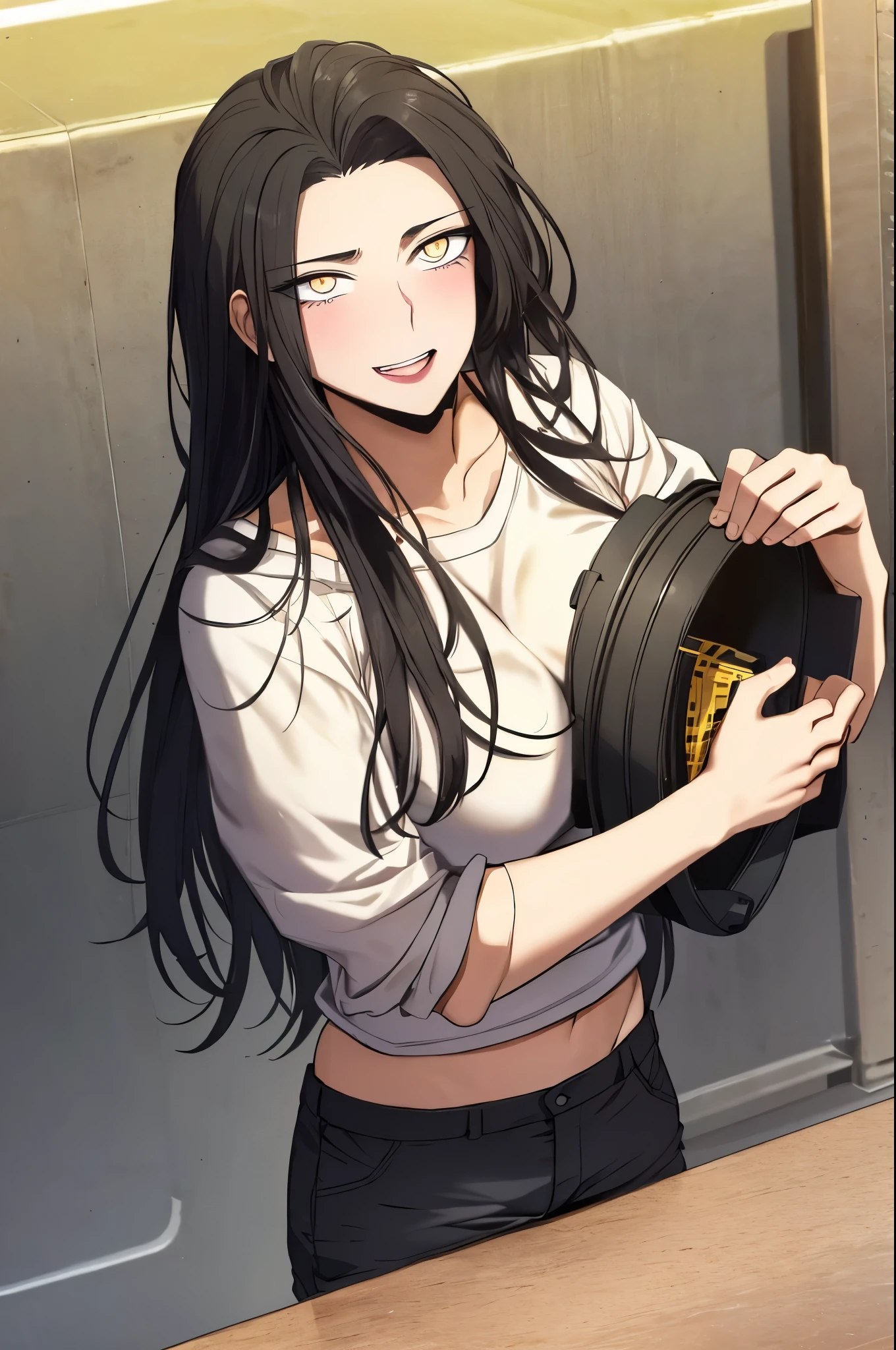 black hair,yellow eyes,(bra,shorts),cleanched teeth,perfect eyes,best quality,ahg rolling eyes tongue,(blush)