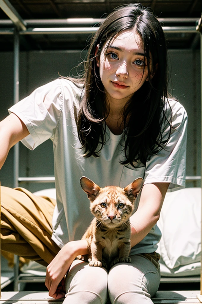 a female zoo administrator, 22yo, youthful, Wearing neat work clothes, responsible for taking care of various animals in the zoo. She feeds and cleans the cage for the animals every morning to ensure a good living environment. She observes the behavior of animals, records their living habits and health status. At the same time, she will also assist tourists in visiting the zoo, introducing them to the characteristics and habits of animals, Super high saturation, bright and vivid colors, Smile, high details, super detail, highres, (best quality, masterpiece, Representative work, official art, Professional, 8k)