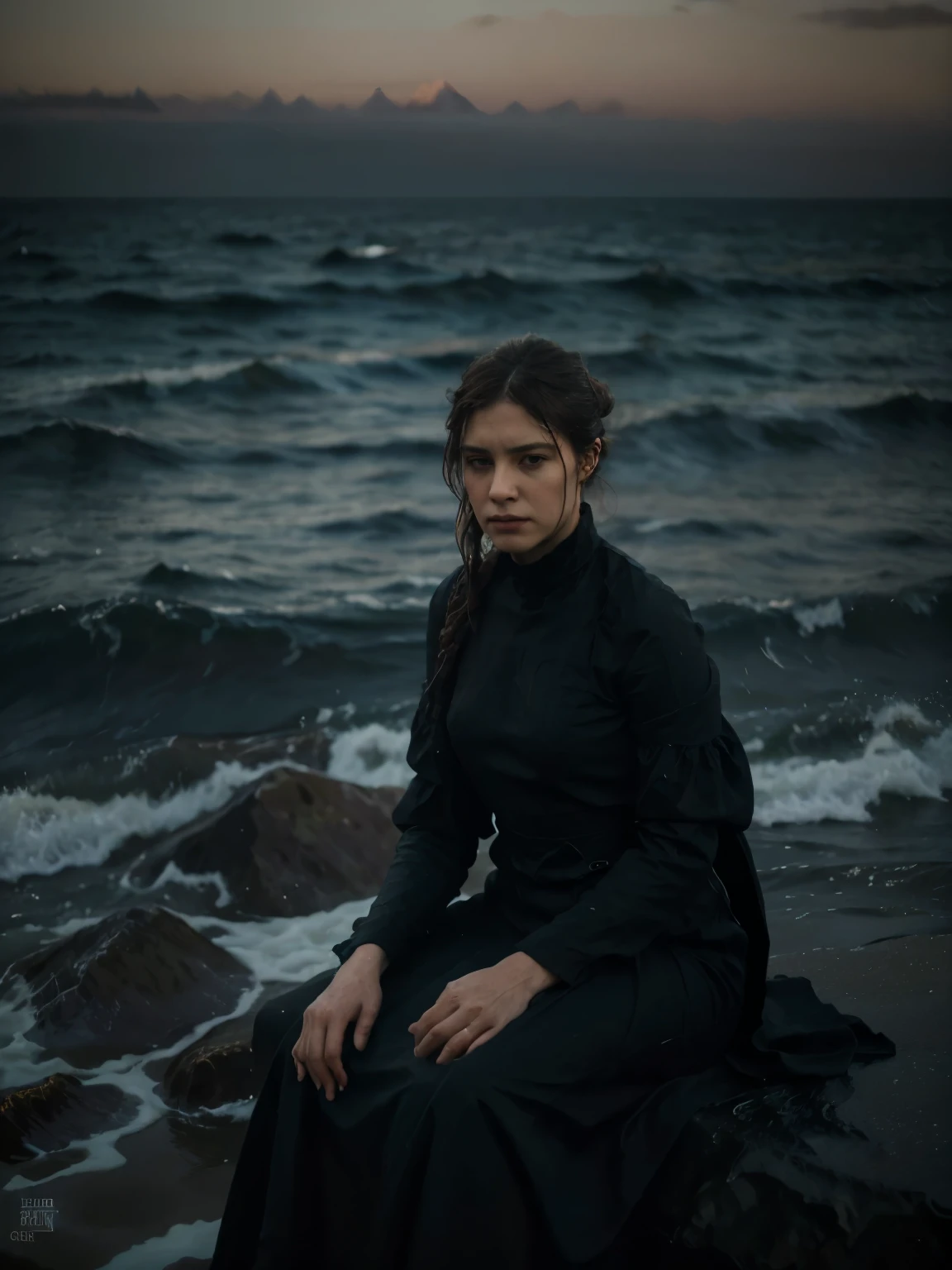 ((Jeremy Lipking style)) ((Nicola Samori style)) very ugly sad sitting woman, ((long black dress)), front, sky, sea, rocks, hair up, original pose (oil on linen), (photo by nikon d800, 50mm zeiss
lens), spotlight, ((into the sea)) ((over the sea))