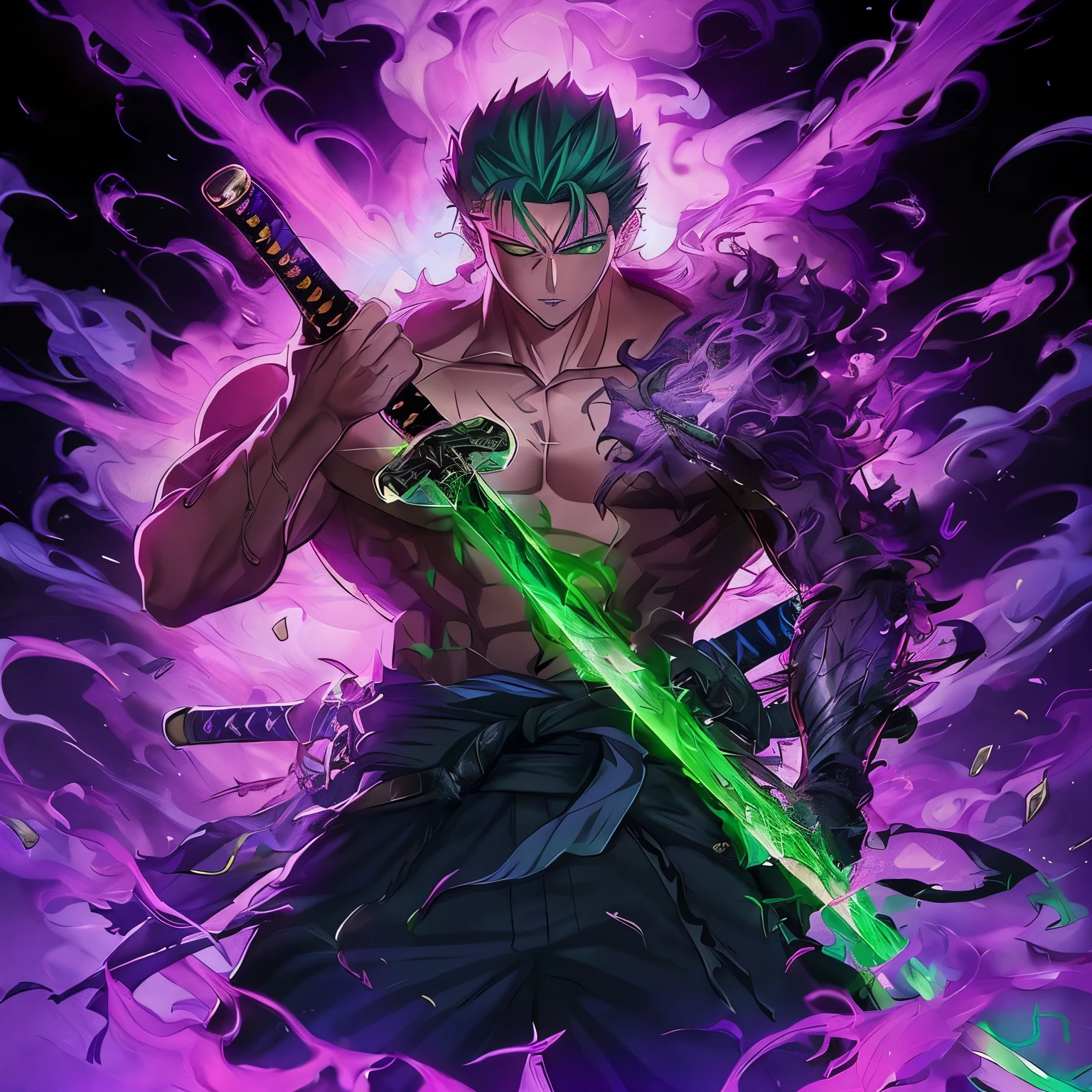 anime guy with green hair holding a sword in front of a purple background, roronoa zoro, badass anime 8 k, glowing green soul blade, extremely detailed artgerm, legendary god holding spear, handsome guy in demon slayer art, anime epic artwork, with large sword, iconic character splash art, anime wallpaper 4 k, anime wallpaper 4k