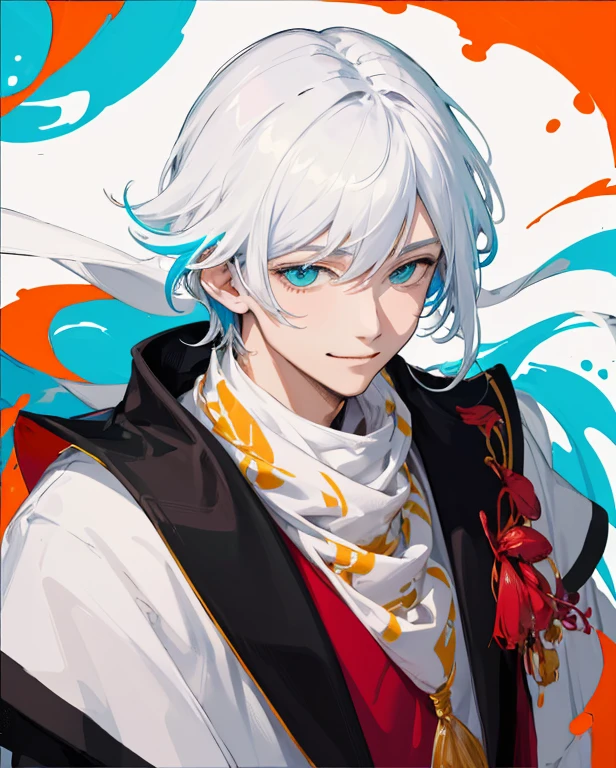 masterpiece, best quality,1 boy,looking at the audience,alone,white hair,floating rich and colorful water,(two-dimensional:1.2),(flat color:1.2),(rich and colorful:1.4), (close up:1.4),  with white scarf，Smile