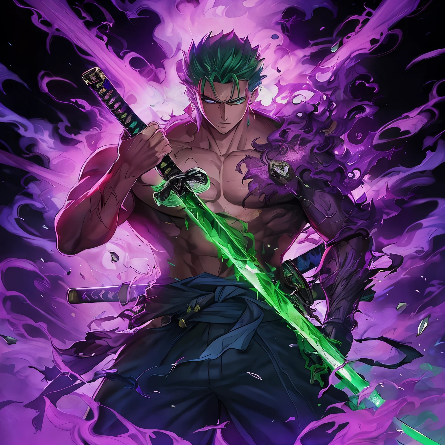 anime guy with green hair holding a sword in front of a purple background, roronoa zoro, badass anime 8 k, glowing green soul blade, extremely detailed artgerm, legendary god holding spear, handsome guy in demon slayer art, anime epic artwork, with large sword, iconic character splash art, anime wallpaper 4 k, anime wallpaper 4k
