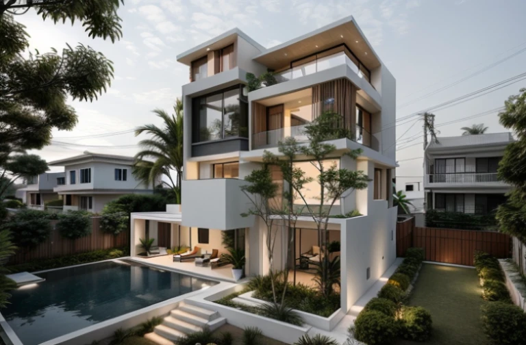 a modern house, located in a quiet area in Vietnam. The house has a white facade and many windows, creating a harmonious and impressive whole. The house is built with sustainable materials, the garden is designed in traditional Vietnamese bonsai style