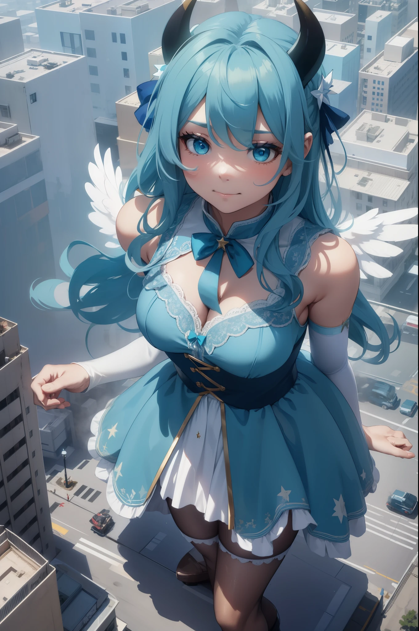 Aerial View，giant girl 50,000 feet high，Weight 1000kg，Has a pair of huge blue angel wings，With huge devil horns on his head，Has waist-length blue hair，loose hair，Blue wavy hair，cyan crown，Wearing a pair of cyan Mary Jane high heels，cyan lace gloves，Cyan lace pantyhose，Pantyhose with bow and star decorations，青色蕾丝whole body，Standing upright on a small city，Beautiful appearance，Exquisite makeup，quality，8k，高quality，Perfect proportion, Cinema lighting，film grain，Fuji colors，8k，textured skin，Super details，high detail，high resolution，fake smile，blood stains，脚底有blood stains，whole body，Obese，feather