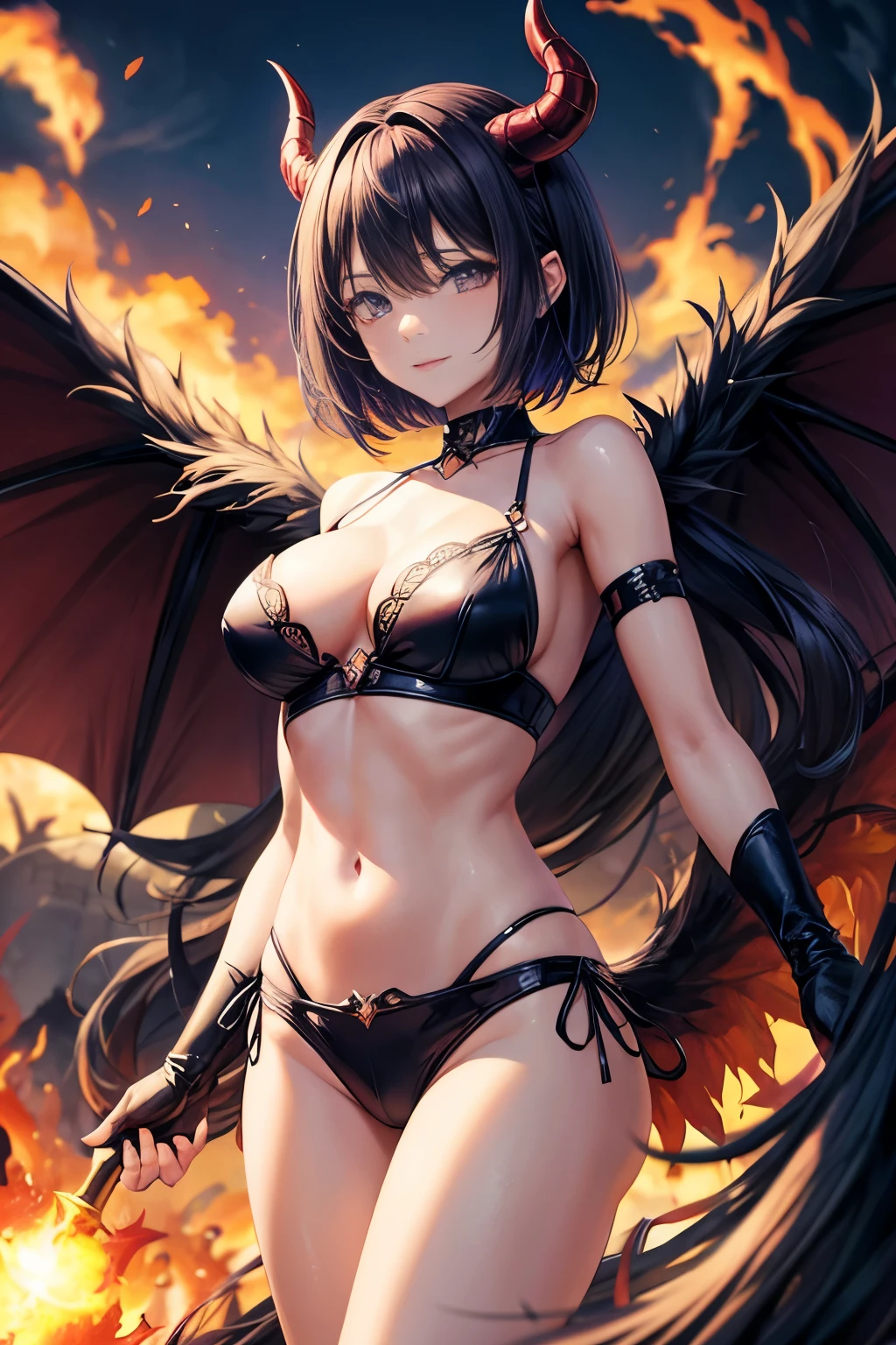 fall angel, A super-powerful demon with demon wings,devil's tail,Black Bigini, purple lightning engulfed in flames.、darkness, In the clouds of darkness、cleavage、short bob hair