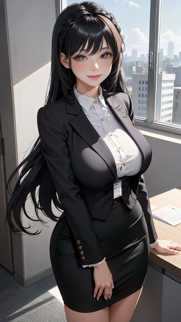 /(Modern office interior/), 1 lady only, /(black medium length hair/) Bangs, /(Blazer pencil skirt/) /(ID cards/), Blushing kind smile, (Masterpiece best quality:1.2) Exquisite illustrations with high resolution and ultra-details, big breasts