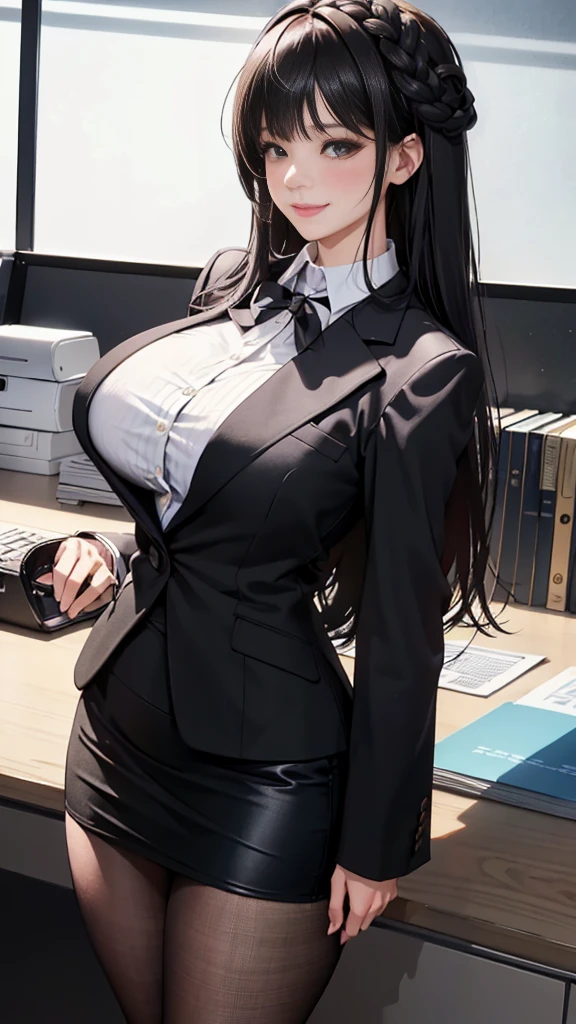 /(Modern office interior/), 1 lady only, /(black medium length hair/) Bangs, /(Blazer pencil skirt/) /(ID cards/), Blushing kind smile, (Masterpiece best quality:1.2) Exquisite illustrations with high resolution and ultra-details, big breasts