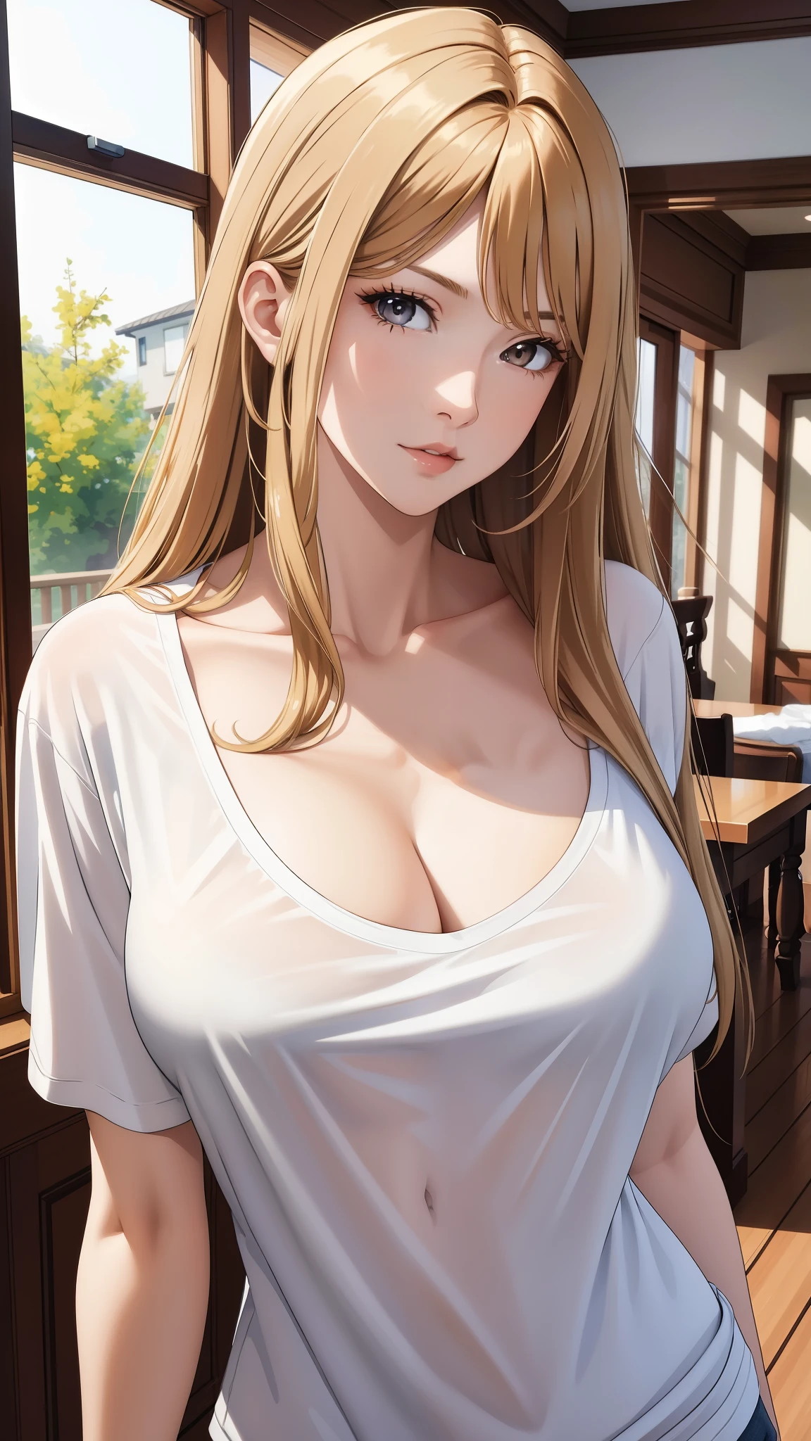 (masterpiece:1.3), (best quality, highres), cool adult woman, elegant, long hair, swept-side bang, [[[[brown hair]]]], blonde hair, white t-shirt, cleavage, brown eyes, inside house, detailed facial features, confident pose, vibrant colors