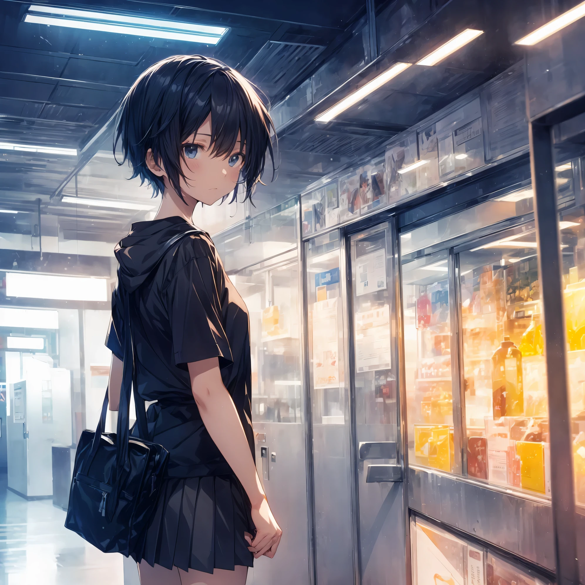 super highest quality, super detailed, High resolution, Makoto Shinkai Style, anime moe art style, best anime 8K konachan wallpaper, pixiv contest winner, perfect anatomy, break,(眠そうにalone学校へ行く女の子を描いてください. ),break, surreal high school girl, (alone,change, child,13 years old:1.3),All limbs, full finger,Middle school students, androgynous charm, ((very short hair)), messy hair, flat chest, small ass, between legs, Small black eyes,beautiful and fine eyes, Well-proportioned iris and pupils, disgusted eyes, High resolutionの詳細な髪, school uniform, (skirt), On the way to school. break,super dense skin, Best lighting by famous artists, 8K, figure,