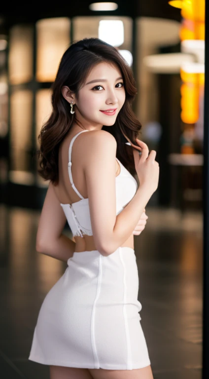 8k, masterpiece, RAW photo, best quality, photorealistic, extremely detailed CG unity 8k wallpaper, Depth of field, Cinematic Light, Lens Flare, Ray tracing, (extremely beautiful face, beautiful lips, beautiful eyes), intricate detail face, ((ultra detailed skin)) 1girl, in the dark, deep shadow, pretty korean girl, kpop idol, 1 girl, (very slim slender fit-muscled body:1.3), ((looking at viewer)),(big smile:1.3), (midnight, dark night, (neon sign), (blurred background), dim light), (without people in the background:1.3), beautiful earrings, bracelets, necklace, pantyhose, clear eyes, walking , front shot, (pale skin), (big eyes), face forward, (full body shot), (brown hairs), open navel, (looking at viewer:1.3), very slim, medium breasts, (camel toe), thick thighs, turn back, (flooming laced mini dress), ((white color dress)), (tight skirt), ((turning back, back shot)), (ultra mini skirt), exposed ass, (up skirt shot)