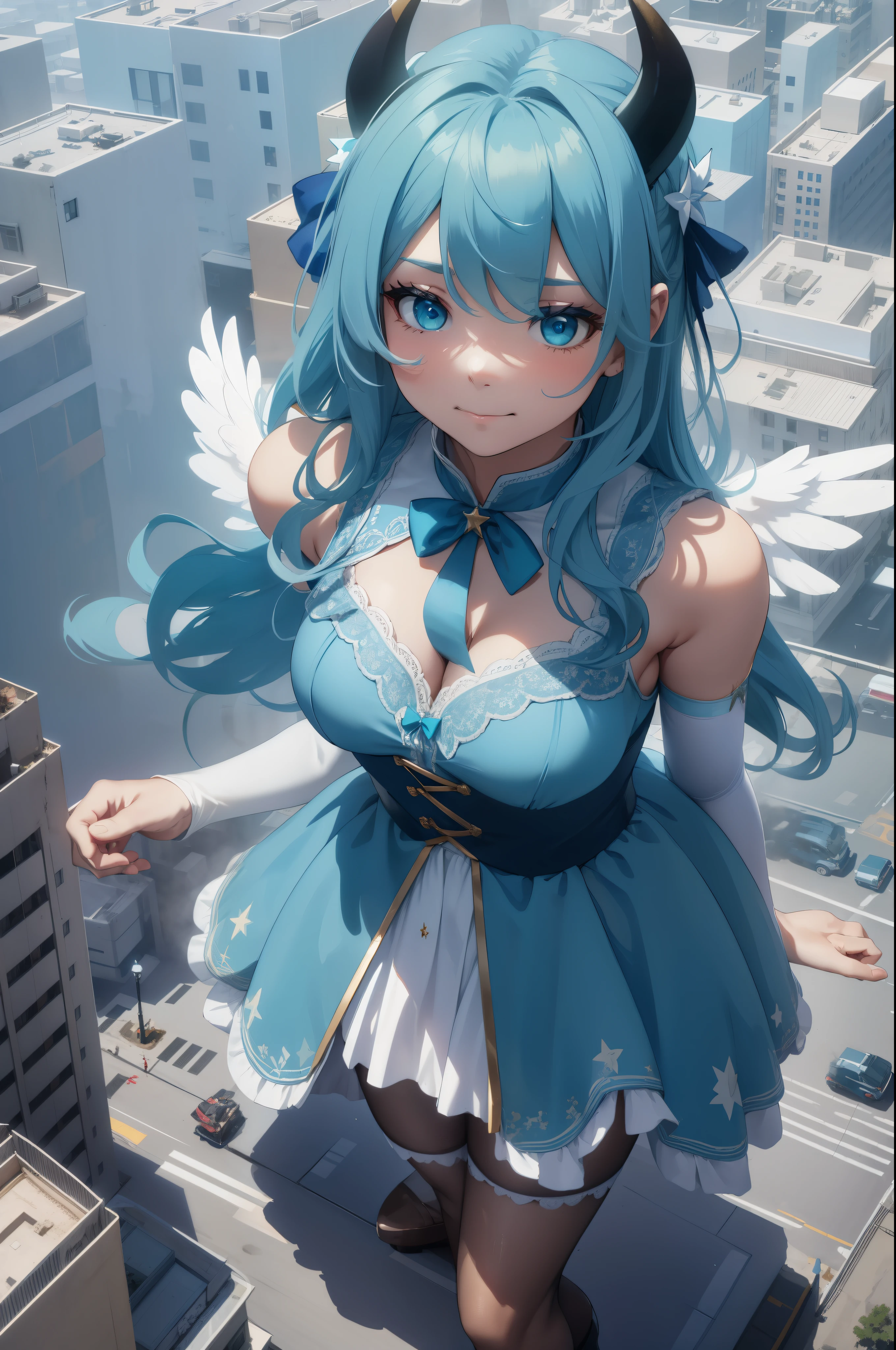 Aerial View，giant girl 50,000 feet high，Weight 1000kg，Has a pair of huge blue angel wings，With huge devil horns on his head，Has waist-length blue hair，loose hair，blue wavy hair，cyan crown，Wearing a pair of cyan Mary Jane high heels，cyan lace gloves，Cyan lace pantyhose，Bow and star embellished tights，青色蕾丝whole body，Standing tall above the small town，Beautiful appearance，Exquisite makeup，quality，8k，高quality，Perfect proportion, Cinema lighting，film grain，Fuji colors，8k，textured skin，Super details，high detail，high resolution，fake smile，blood stains，脚底有blood stains，whole body，fat，feather