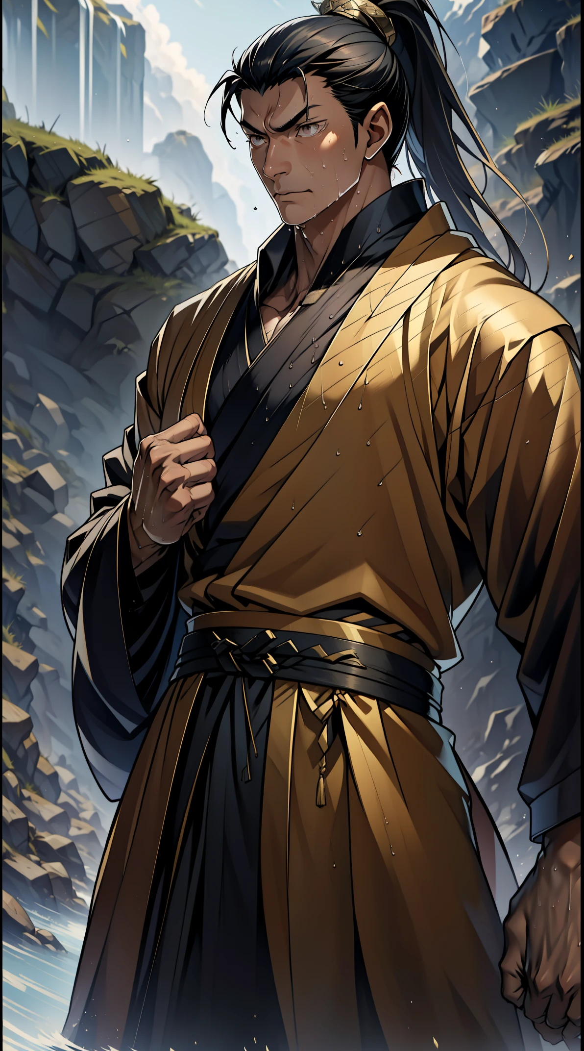 two-dimensional, anime style, man (male warrior), muscle, correct proportions, facial details, martial arts, high ponytail hairstyle,neck detail, with Adam&#39;s apple,, Hanfu costume, black toga, Embroidered robes, Robes, clothing details, collar, long sleeves, Game quality, swordsman demeanor, Ray tracing, Ray tracing, detailed glow, CG rendering, hair details, long black hair, golden eyes,, Handsome, Handsome,, (Youthful feeling), intricate clothing, wet, wet, perfect composition, refine, high quality, more details, many details, complex background, atmosphere,