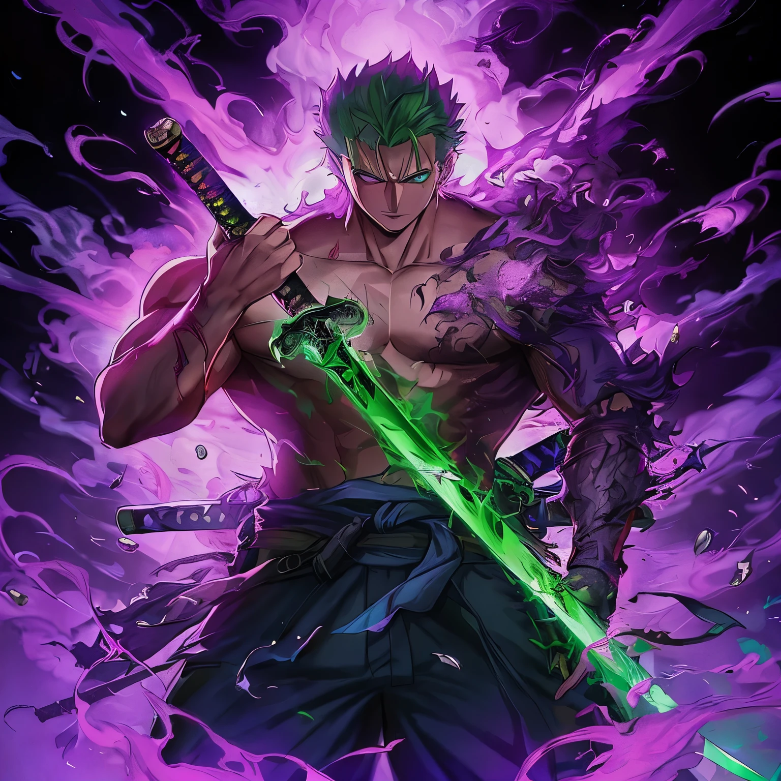 anime guy with green hair holding a sword in front of a purple background, roronoa zoro, badass anime 8 k, glowing green soul blade, extremely detailed artgerm, legendary god holding spear, handsome guy in demon slayer art, anime epic artwork, with large sword, iconic character splash art, anime wallpaper 4 k, anime wallpaper 4k