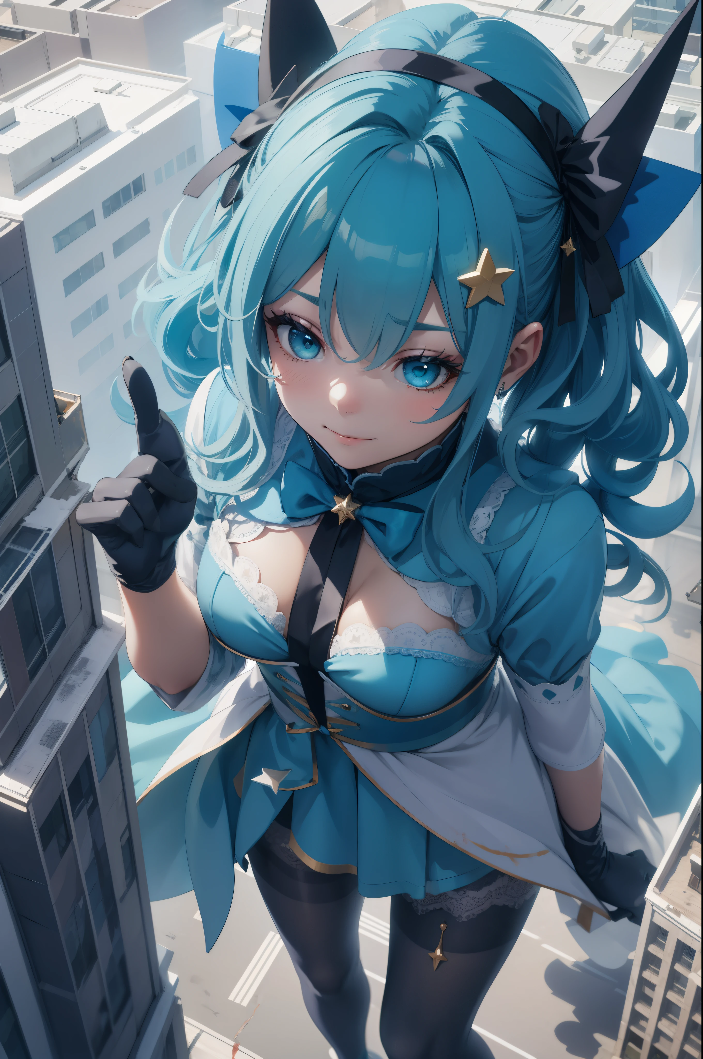 Aerial View，giant girl 50,000 feet high，Weight 1000kg，Has a pair of huge blue angel wings，With huge devil horns on his head，Has waist-length blue hair，loose hair，blue wavy hair，cyan crown，Wearing a pair of cyan Mary Jane high heels，cyan lace gloves，Cyan lace pantyhose，Bow and star embellished tights，青色蕾丝whole body，Standing tall above the small town，Beautiful appearance，Exquisite makeup，quality，8k，高quality，Perfect proportion, Cinema lighting，film grain，Fuji colors，8k，textured skin，Super details，high detail，high resolution，fake smile，blood stains，脚底有blood stains，whole body，fat，feather