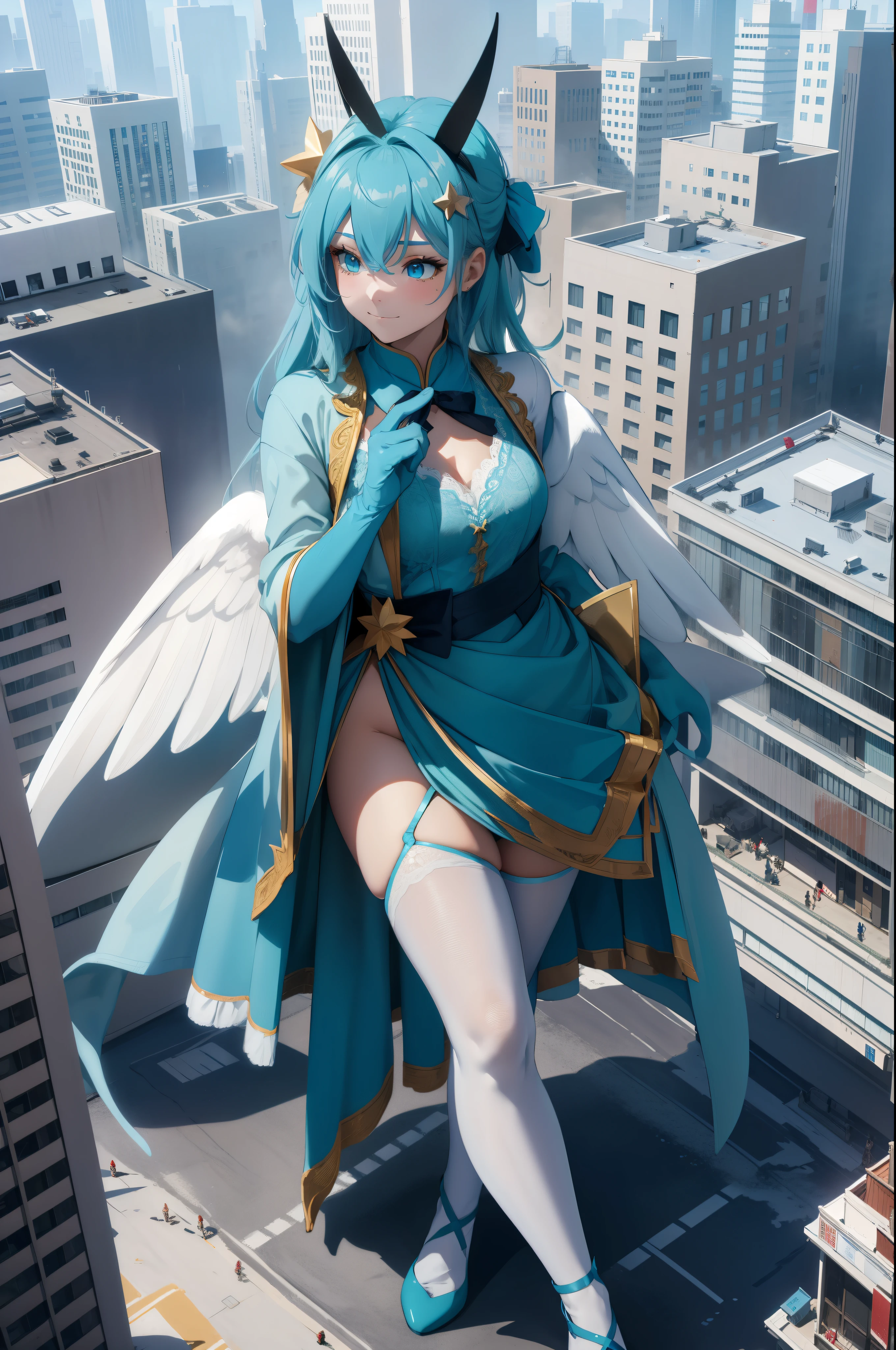 Aerial View,giant girl 50,000 feet high,Weight 1000kg,Has a pair of huge blue angel wings,With huge devil horns on his head,Has waist-length blue hair,loose hair,blue wavy hair,cyan crown,Wearing a pair of cyan Mary Jane high heels,cyan lace gloves,Cyan lace pantyhose,Bow and star embellished tights,青色蕾丝whole body,Standing tall above the small town,Beautiful appearance,Exquisite makeup,quality,8k,高quality,Perfect proportion, Cinema lighting,film grain,Fuji colors,8k,textured skin,Super details,high detail,high resolution,fake smile,blood stains,脚底有blood stains,whole body,fat,feather
