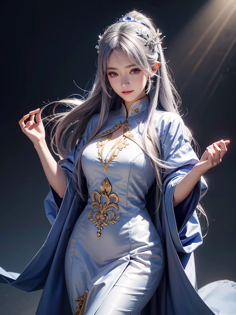 smile , long smooth shiny silky silver color hair, Realistic lighting, pretty face , Body perfect anatomy,Top Quality, 8K Resolution , full body , High quality, realistic , Cinematic, Aesthetic, beautiful girl , ao dai princess ,