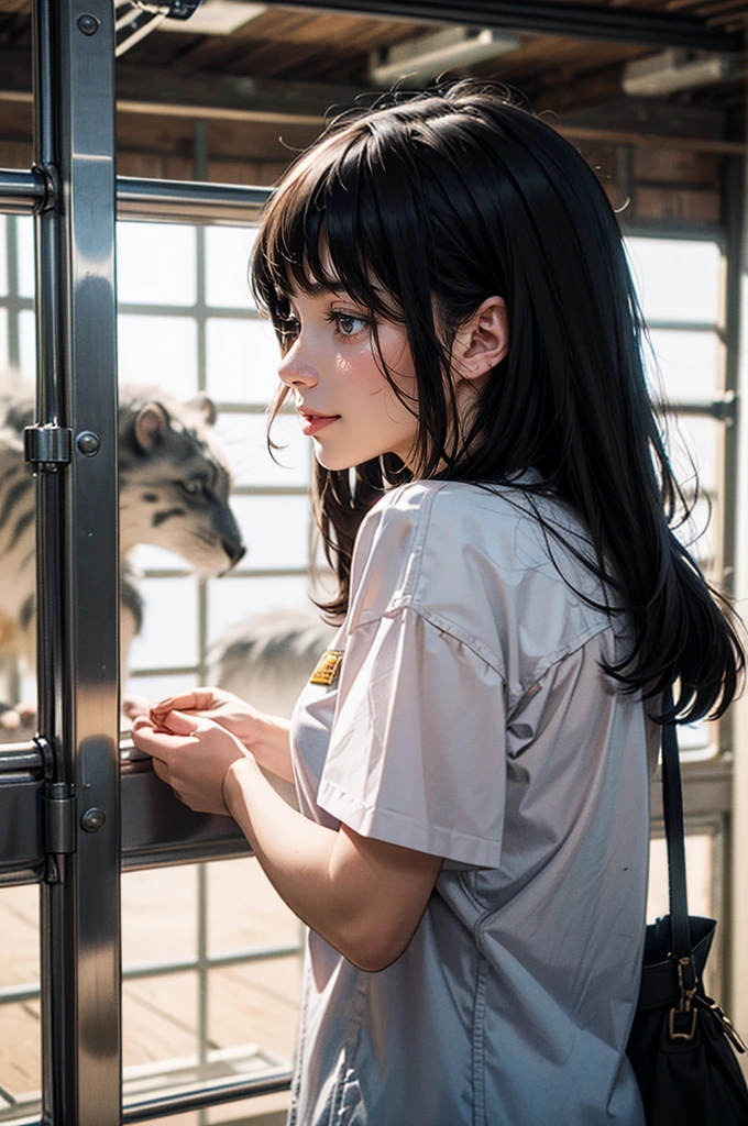 a female zoo administrator, 22yo, youthful, Wearing neat work clothes, responsible for taking care of various animals in the zoo. She feeds and cleans the cage for the animals every morning to ensure a good living environment. She observes the behavior of animals, records their living habits and health status, Super high saturation, bright and vivid colors, Smile, high details, super detail, highres, (best quality, masterpiece, Representative work, official art, Professional, 8k)