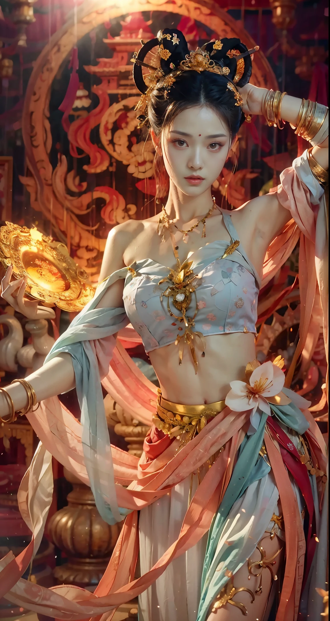 (original photo, best quality), (actual, Realistic and real: 1.3), best quality, Very detailed, masterpiece, Super detailed, illustration, 1 girl, superior_Body, dynamic angle, world mastery theater, messy_long_hair, best quality, extremely exquisite beautiful girl, Soft and fair skin, Exquisite facial features, perfect face, Sexy collarbone, dance, Dunhuang_skirt, dance, l Exquisite forehead and hands, Thin eyelashes, exquisite eyes, bare shoulders, stunning beauty, extreme details, realistic details, abdomen, navel, Extremely detailed CG unified 8k wallpaper, Astonishing, Sexy, peach blossom eyes, Light makeup, Smile, lamp, lens_flare, Dunhuang_style, 婆婆dance, bare shoulders, ribbon, floating, lamp笼, Flying Pipa Girl,