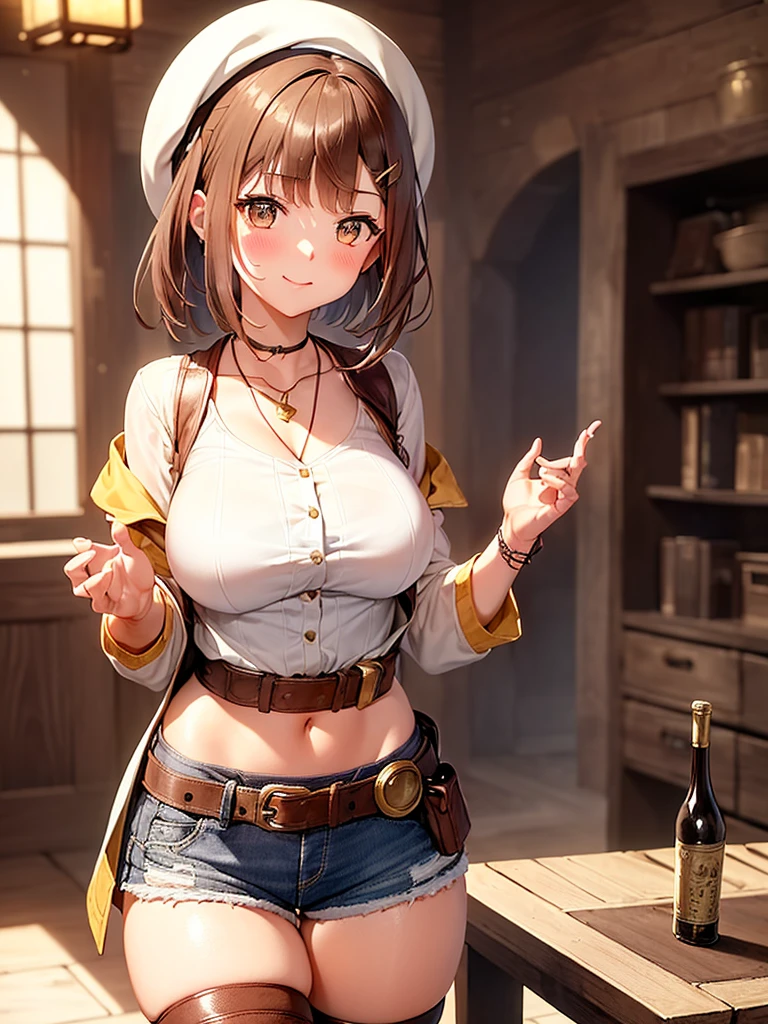 amber_genshin, nsfw, hair ribbon, masterpiece, 1 girl, shorts, erect nipples, intricately detailed, topless, puffy nipples, pubs, table, crowd, navel, bare shoulders, necklace, beer, tavern, inn, pub, crowd, brown hair, long hair, extremely detailed, photorealistic, octane render, 8 k, unreal engine, bare breasts, nipples, yellow eyes, carrying beer tray, bare stomach, sweaty, people on background, oktoberfest, smiling, moist breath, child, arm strap, breasts, blush, bare shoulders, open mouth, peace sign, winking, bare arms, bare elbows, hair_between_eyes, red_ribbon, leather belt, waist pouch, goggles