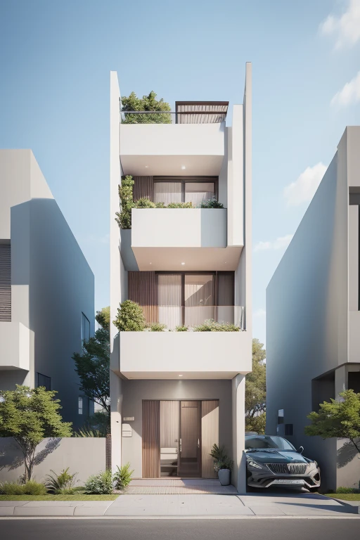rendering of a modern residential townhouse, professional render, wide angle exterior 2023, highly detailed render, high quality rendering, realistic render, architectural render, high-quality render, detailed rendering, hyper-realistic render, hyper - realistic render, very realistic 3 d render, high render, realistic rendering, very realistic render, peole doing walk