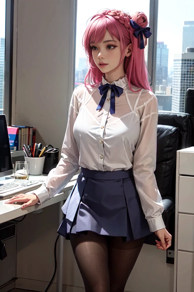 Helena, skirt, shirt, bow, Business attire, pantyhose, skyscraper office