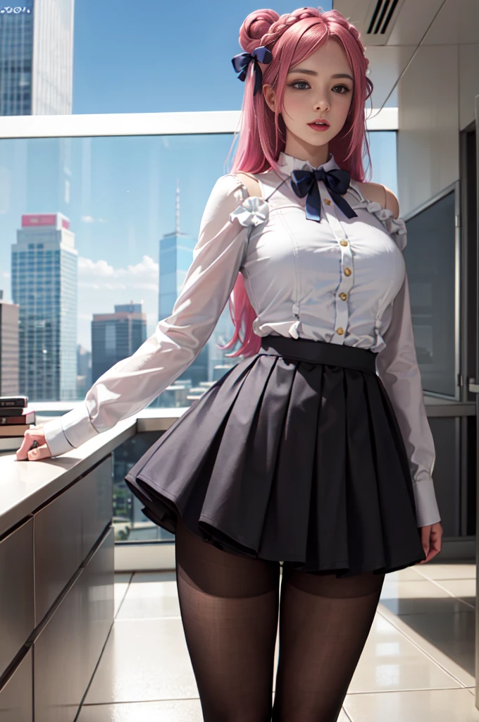 Helena, skirt, shirt, bow, Business attire, pantyhose, skyscraper office