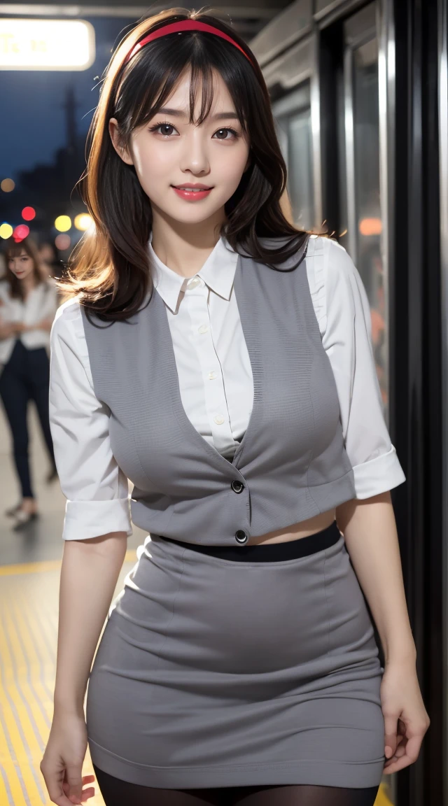 (((full body,including legs)))、(((オフィスレディ、OL、office lady、little smile、gray tight vest、gray tight jacket)))、(((horseshoe-shaped hairband)))、sexy,formal ,high heel、Dressed up、(Photo real:1.4)、(A hyper-realistic:1.4)、(Photorealistic:1.3)、 (gentle lighting: 1.05)、(Improve the lighting quality of your video:0.9)、32k、 1Girl、25years old girl、photorealistic lighting、Back lighting、Facial Lights、Ray Trace、(bright:1.2)、(Increase quality:1.4)、 (best quality real texture skin)、Fair eyes,Delicate and delicate face、 (tired and sleepy and satisfied : 0.0), Close-up of the face,gray tight vest,tight gray blouse [button gap :1.2],very tight shirt ,((([see through shirts:1.5]))), gray midium skirt , ((gray stocking)),(Bodyline mood improvement:1.1)、Glossy skin、wavy hair、韓国アイドル、乃木坂アイドル、Sculptural Idol Pose、little smile,blush,Beautiful actress、Neat woman,whole body, large breasts,(perfect row of teeth),slender waist and hip,beautiful long legs,(full shot)、((8heads tall)、(((誘惑している、恥ずかしい)))、gravure pose,dynamic pose,sexy,(eye shadow),(((red cheek、red lips))),(Super Clean Night View、night time)、blush,little smile,(((full shot)))、(((in the crowded night train)))