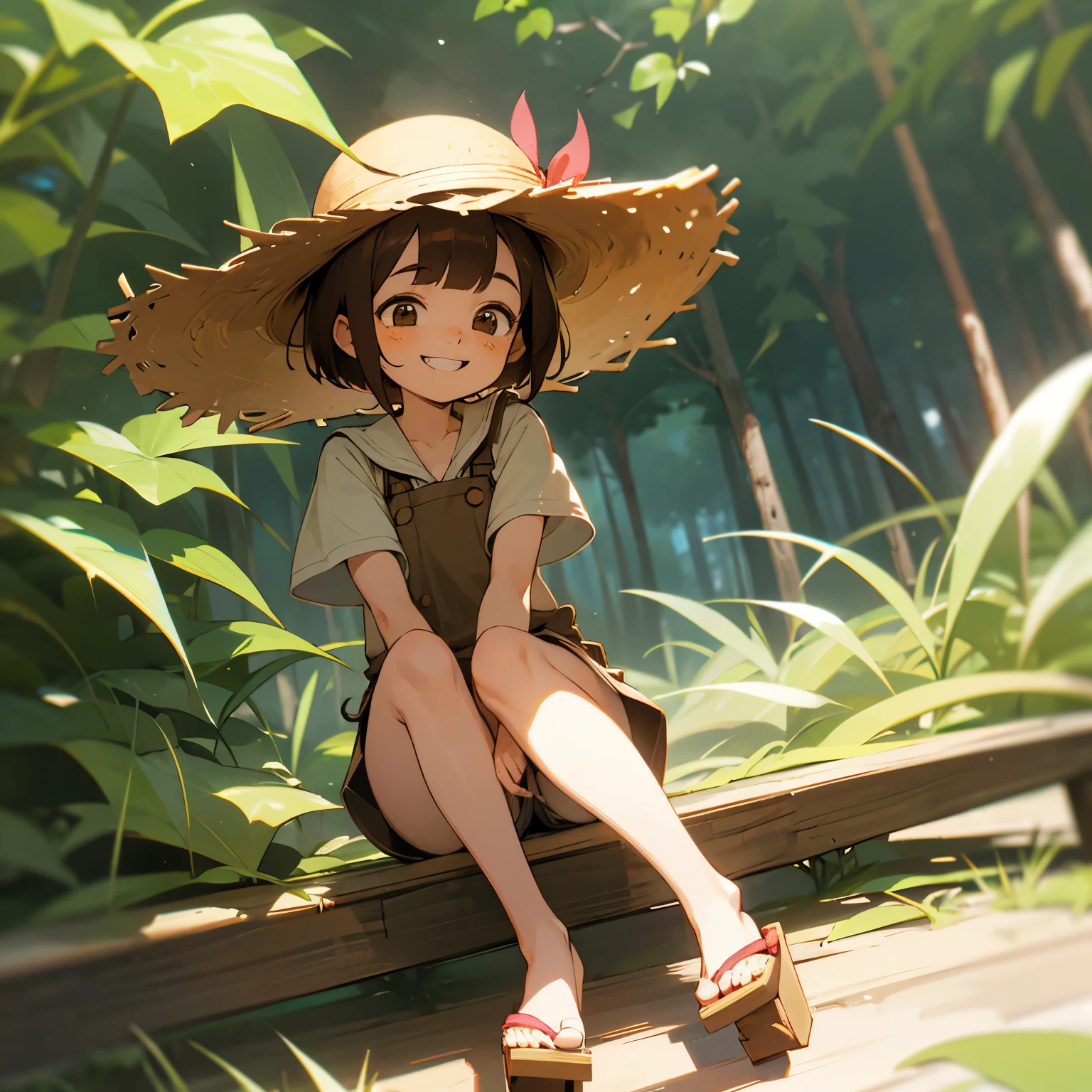 brown hair、short hair、habitual hair、Bad eyes、straw hat、shorts、short sleeve、geta、smile showing teeth、one missing tooth、Tooth loss、naughty girl、freckles、in the forest、whole body