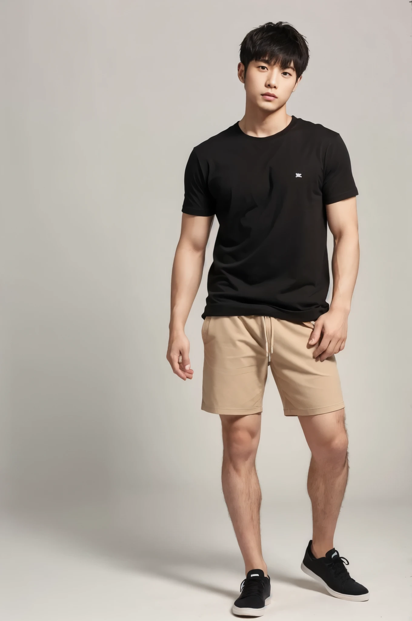 ((super sharp focus)), (((hairy legs))), hairy legs, toned legs, whole body, two block, Messy short hair, long legs, Japan male, 27 years old, wearing beige shorts, wearing a black T-shirt, very short hair, black hair