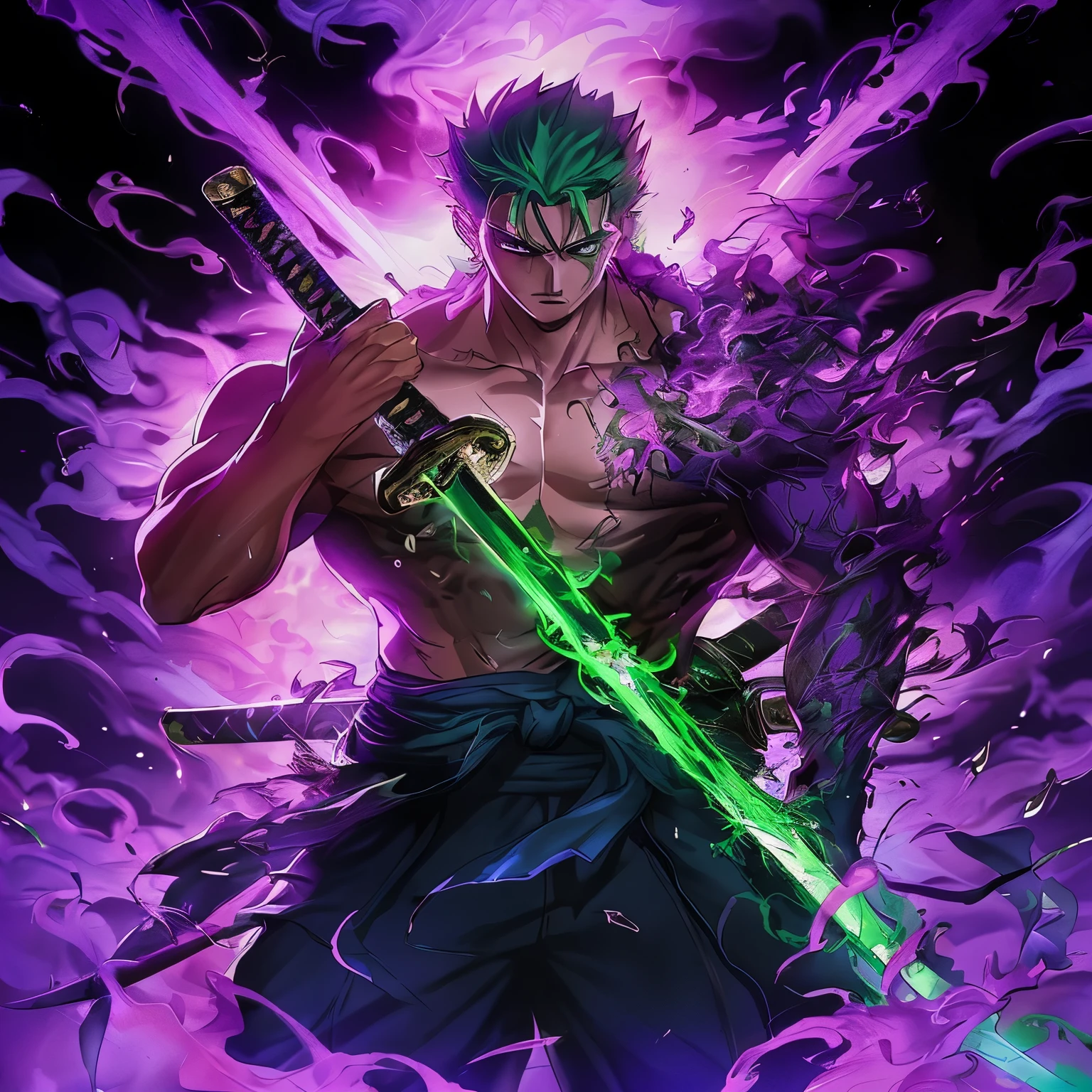 anime guy with green hair holding a sword in front of a purple background, roronoa zoro, badass anime 8 k, glowing green soul blade, extremely detailed artgerm, legendary god holding spear, handsome guy in demon slayer art, anime epic artwork, with large sword, iconic character splash art, anime wallpaper 4 k, anime wallpaper 4k