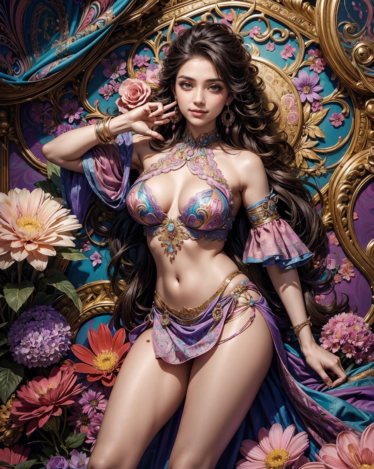 (1girl:1.3), extremely detailed,(fractal art:1.1),(colorful:1.1)(flowers:1.3),highest detailed,(zentangle:1.2), (dynamic pose), (abstract background:1.3), (shiny skin), (many colors:1.4), ,(earrings:1.4),(1girl),gorgeous face, beautiful Indian girl ,perfect body, background messed bedroom with teddy bears, and Kittydolls, mature female,30yo,sexy nightgown,happy,posing for photo,long curly hair, smile ­ face